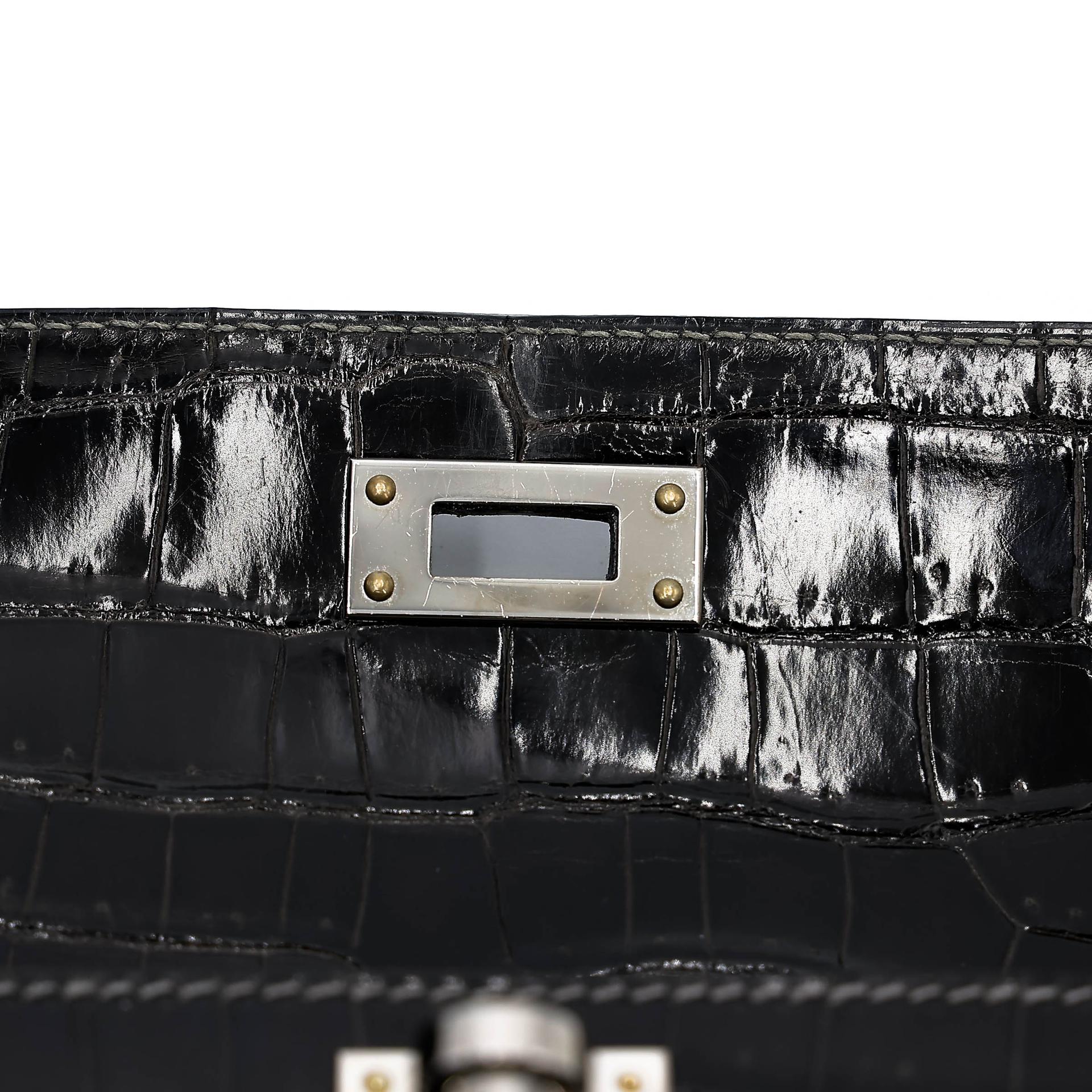 Very Good ( Rank A) HERMÈS Kelly Cut Graphite (88) Shiny Porosus Crocodile Palladium hardware Square R (2014) - 16