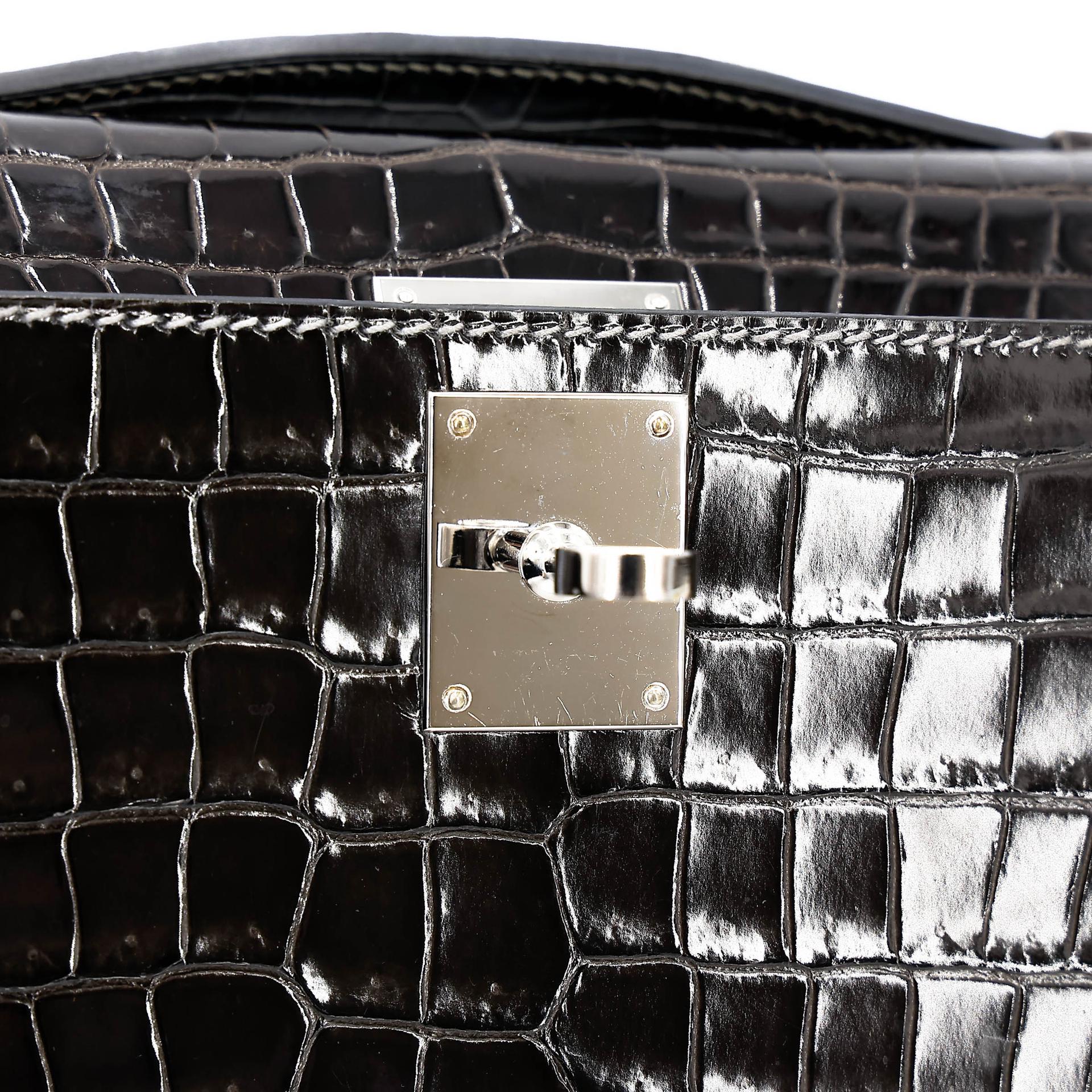 Very Good ( Rank A) HERMÈS Kelly Cut Graphite (88) Shiny Porosus Crocodile Palladium hardware Square R (2014) - 20