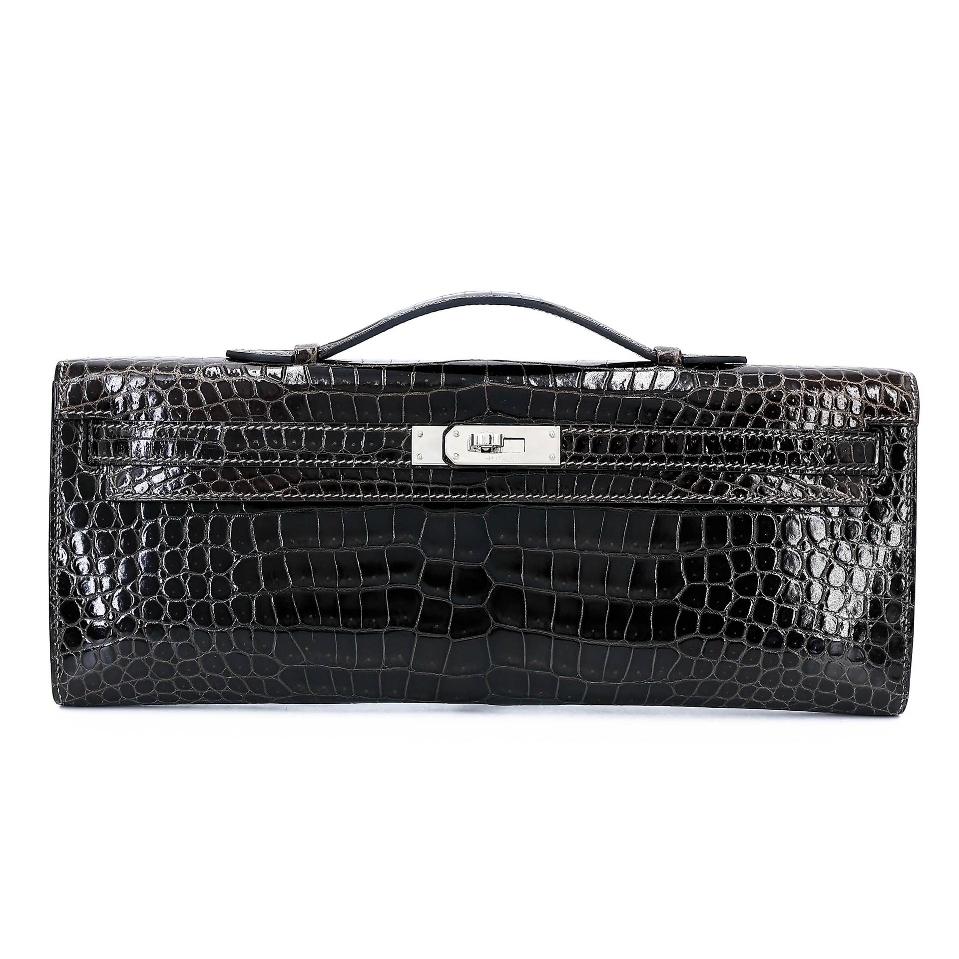 Very Good ( Rank A) HERMÈS Kelly Cut Graphite (88) Shiny Porosus Crocodile Palladium hardware Square R (2014) - 1