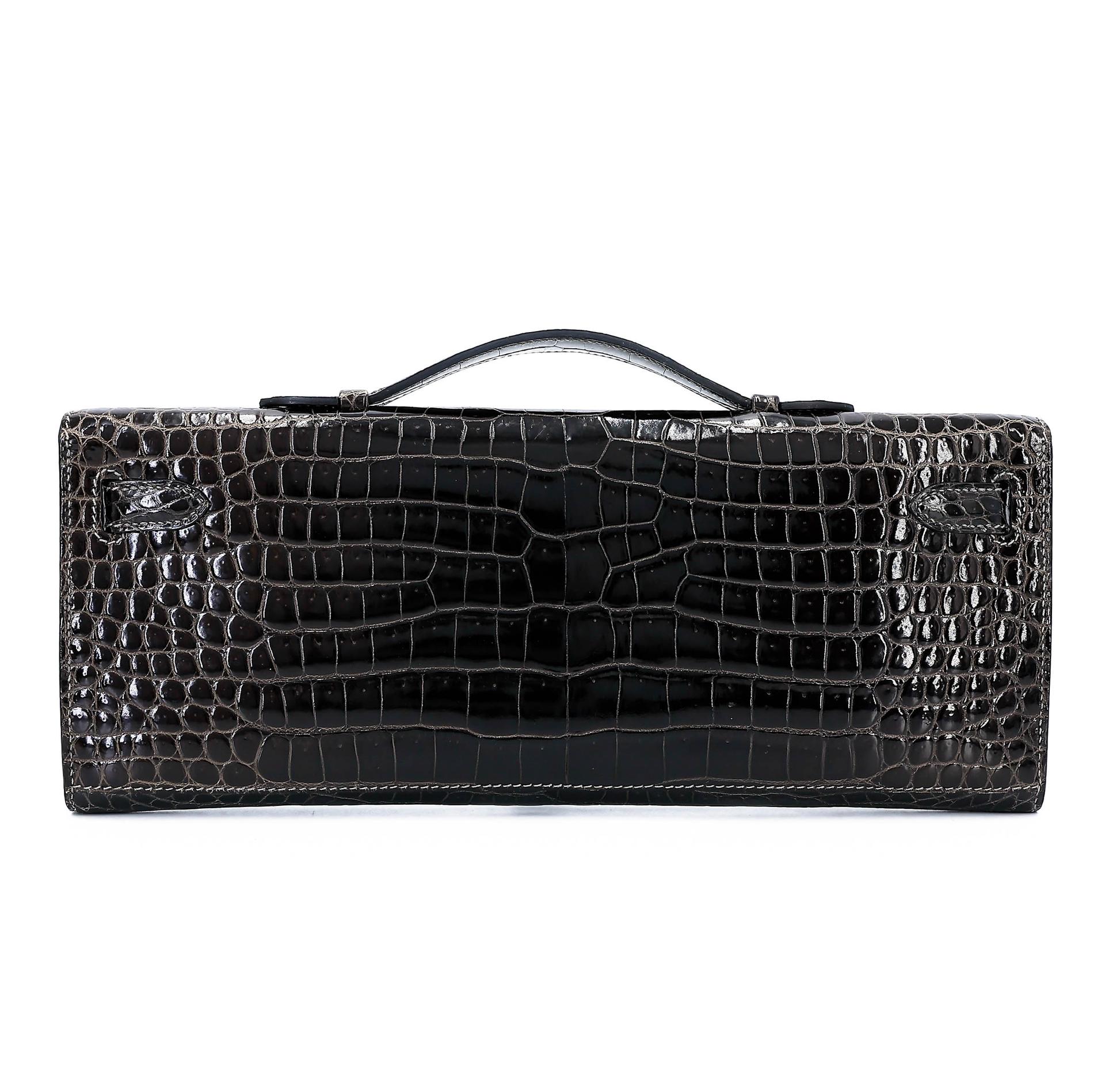 Very Good ( Rank A) HERMÈS Kelly Cut Graphite (88) Shiny Porosus Crocodile Palladium hardware Square R (2014) - 2