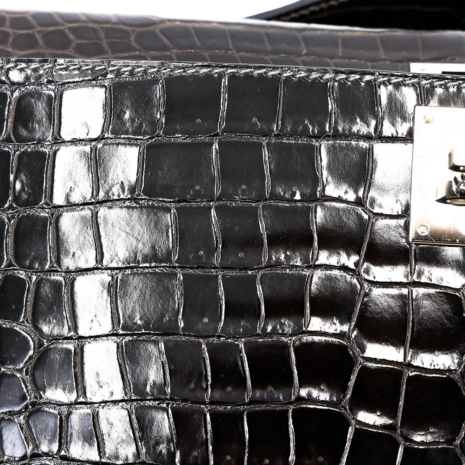 Very Good ( Rank A) HERMÈS Kelly Cut Graphite (88) Shiny Porosus Crocodile Palladium hardware Square R (2014) - 11