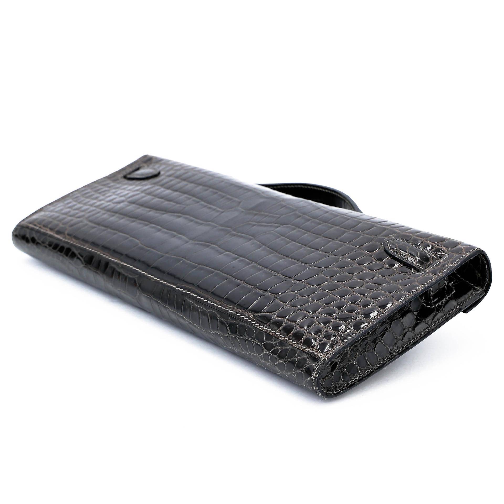 Very Good ( Rank A) HERMÈS Kelly Cut Graphite (88) Shiny Porosus Crocodile Palladium hardware Square R (2014) - 8