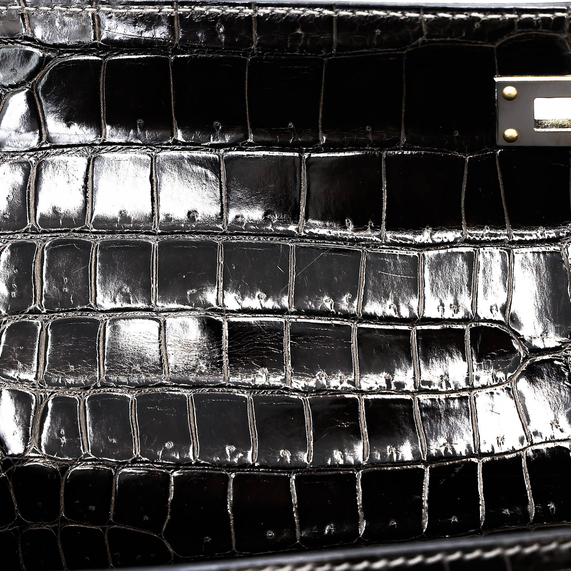 Very Good ( Rank A) HERMÈS Kelly Cut Graphite (88) Shiny Porosus Crocodile Palladium hardware Square R (2014) - 18