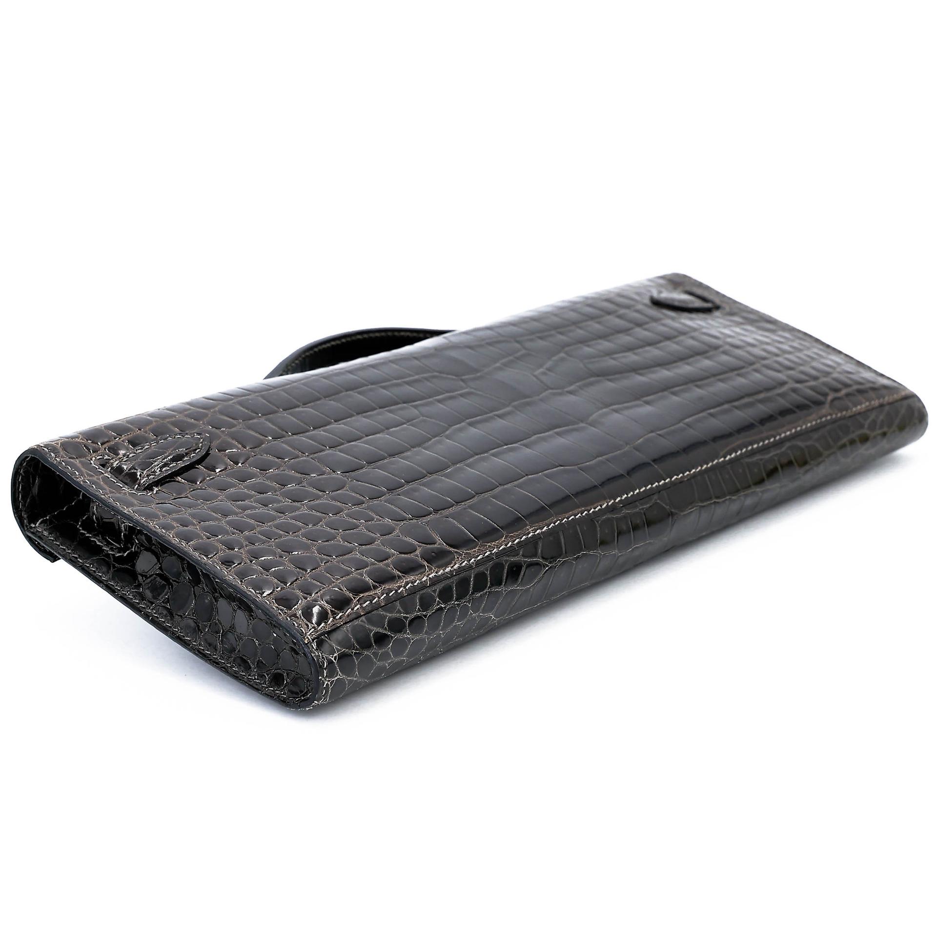 Very Good ( Rank A) HERMÈS Kelly Cut Graphite (88) Shiny Porosus Crocodile Palladium hardware Square R (2014) - 9