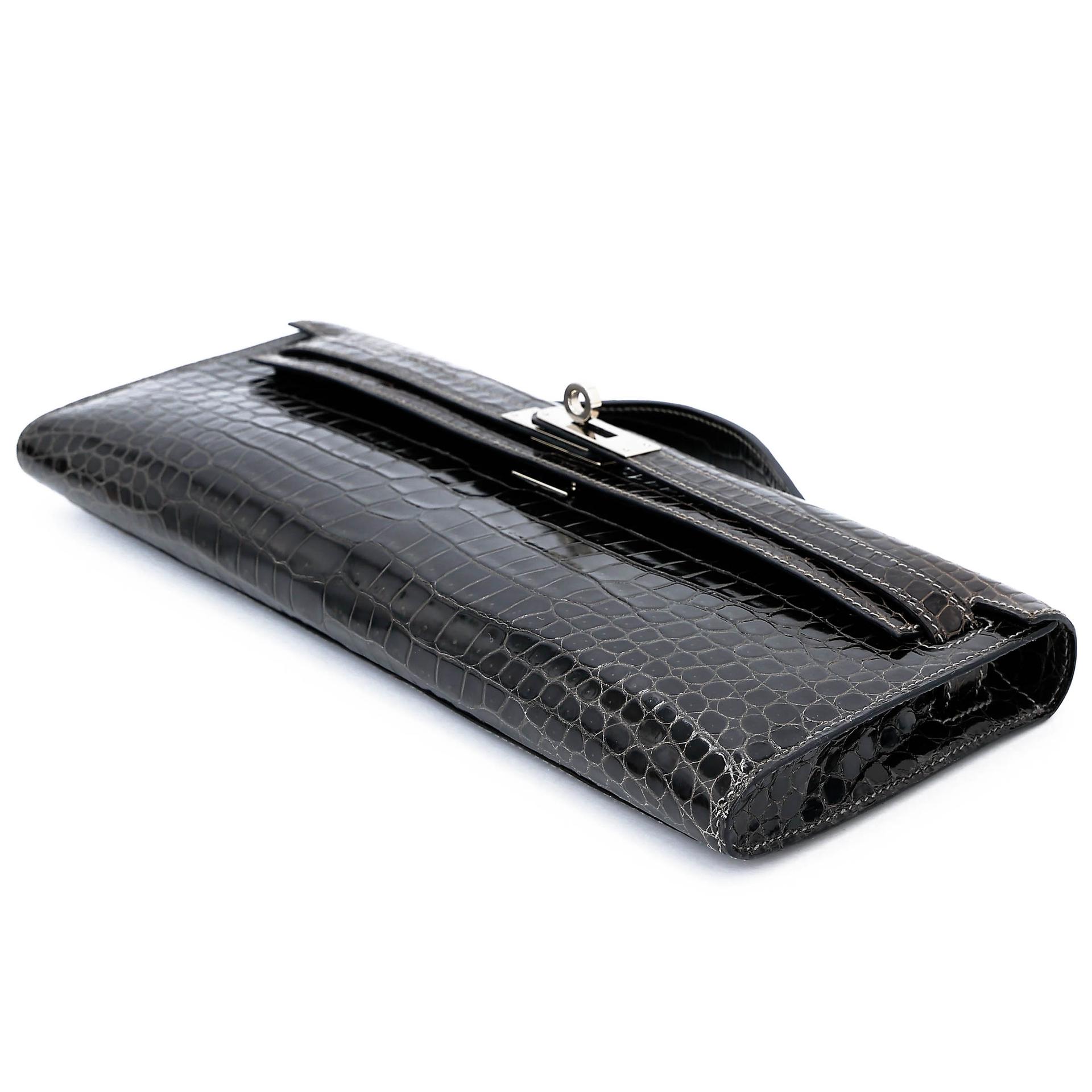 Very Good ( Rank A) HERMÈS Kelly Cut Graphite (88) Shiny Porosus Crocodile Palladium hardware Square R (2014) - 6