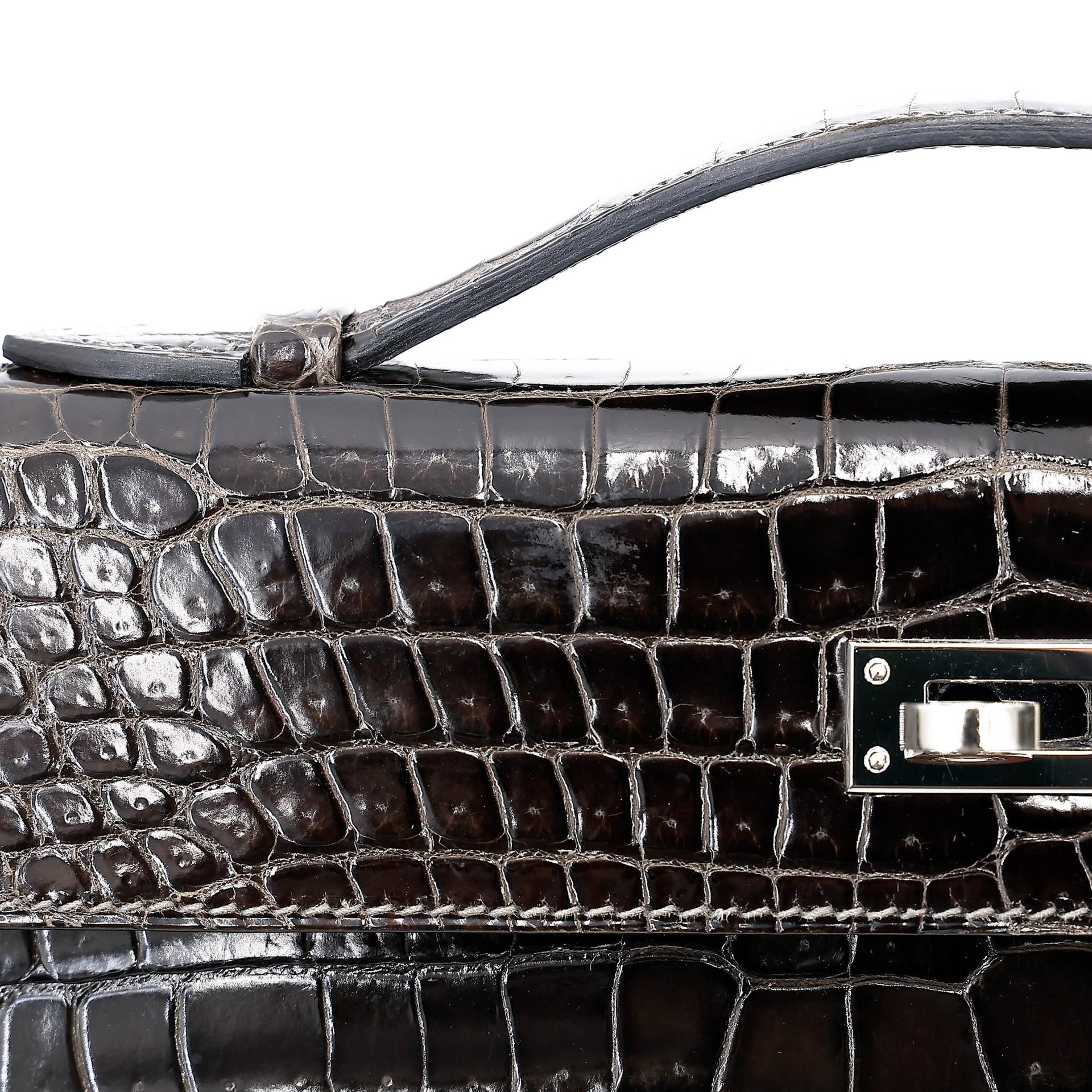 Very Good ( Rank A) HERMÈS Kelly Cut Graphite (88) Shiny Porosus Crocodile Palladium hardware Square R (2014) - 10