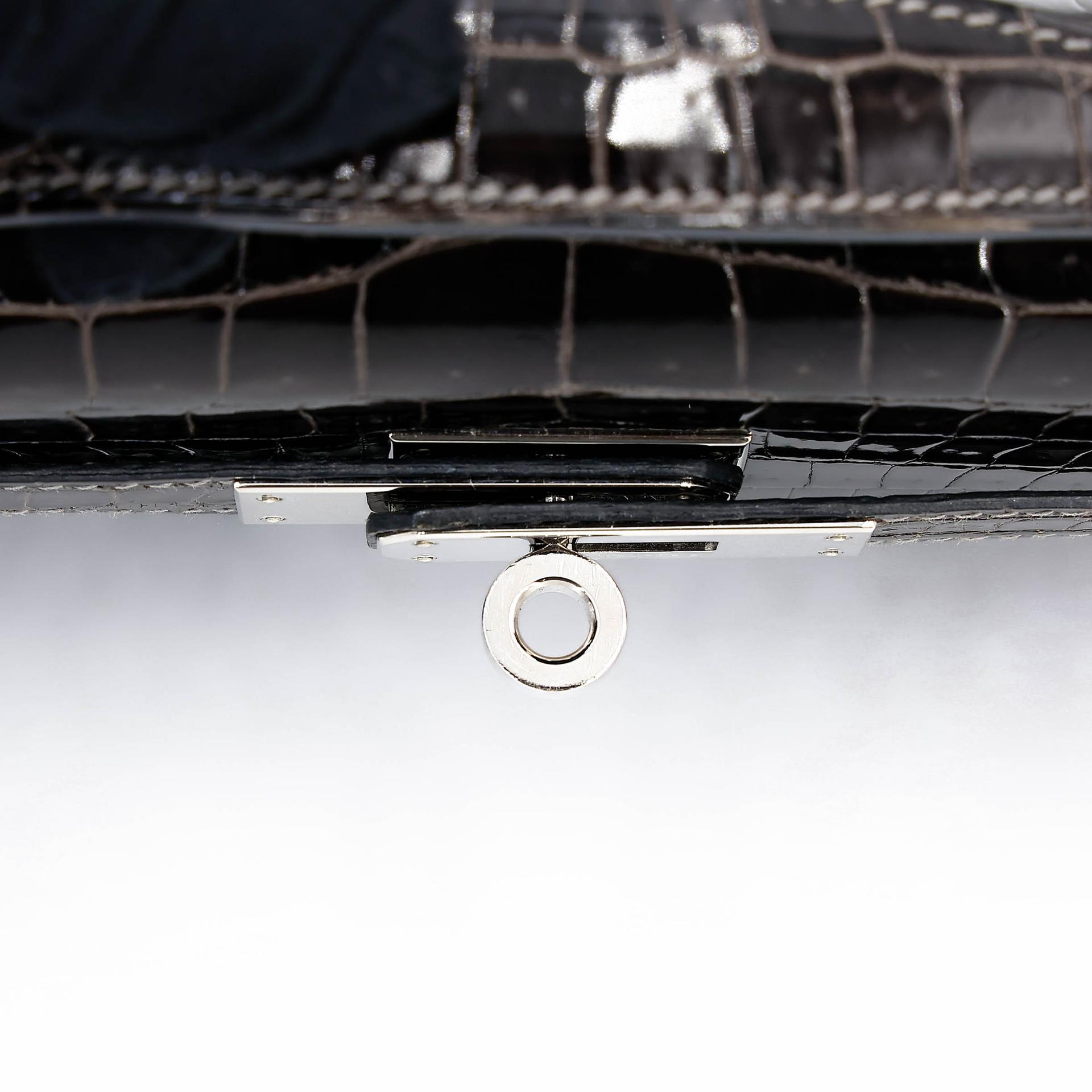 Very Good ( Rank A) HERMÈS Kelly Cut Graphite (88) Shiny Porosus Crocodile Palladium hardware Square R (2014) - 14