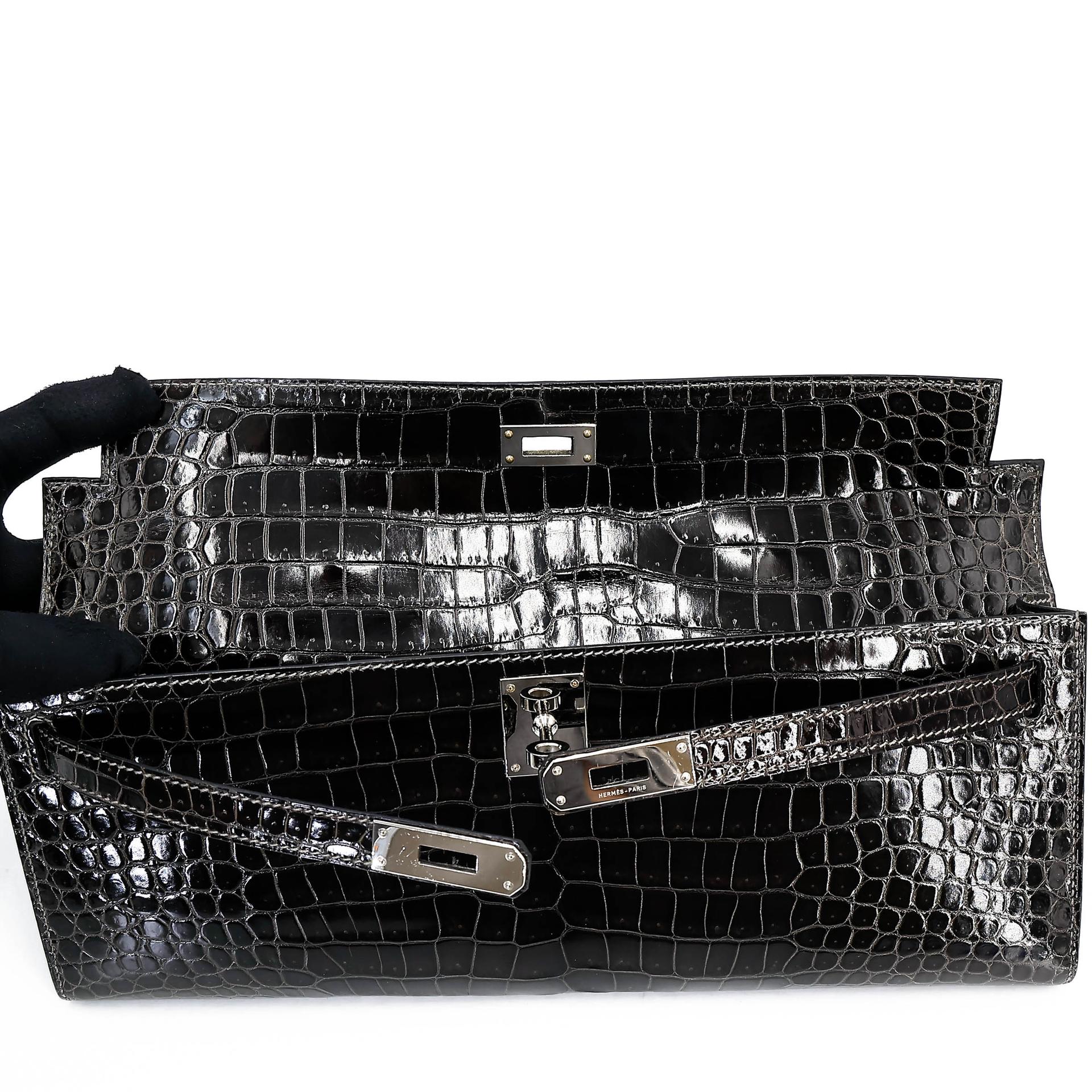 Very Good ( Rank A) HERMÈS Kelly Cut Graphite (88) Shiny Porosus Crocodile Palladium hardware Square R (2014) - 17