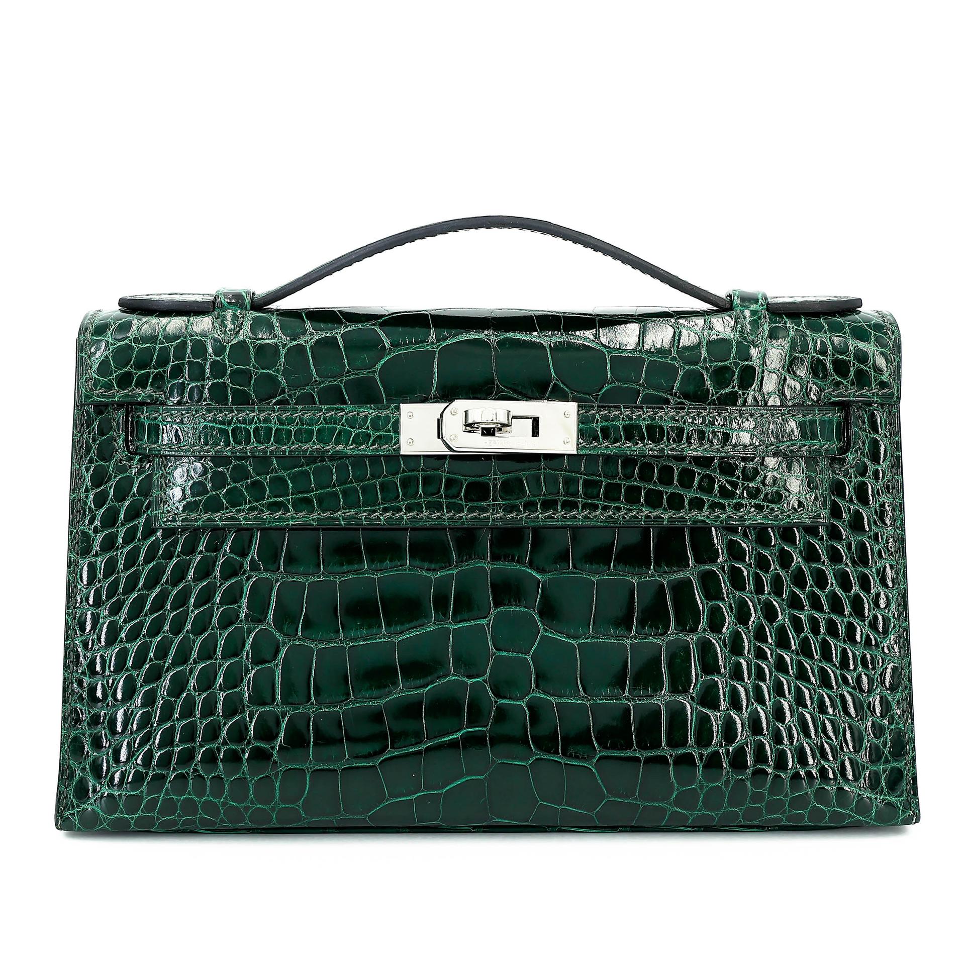 ランク A HERMÈS エルメス ポシェットケリー ヴェールフォンセ (67) クロコダイル アリゲーター リセ シルバー金具 □Q刻印 (2013) - 1