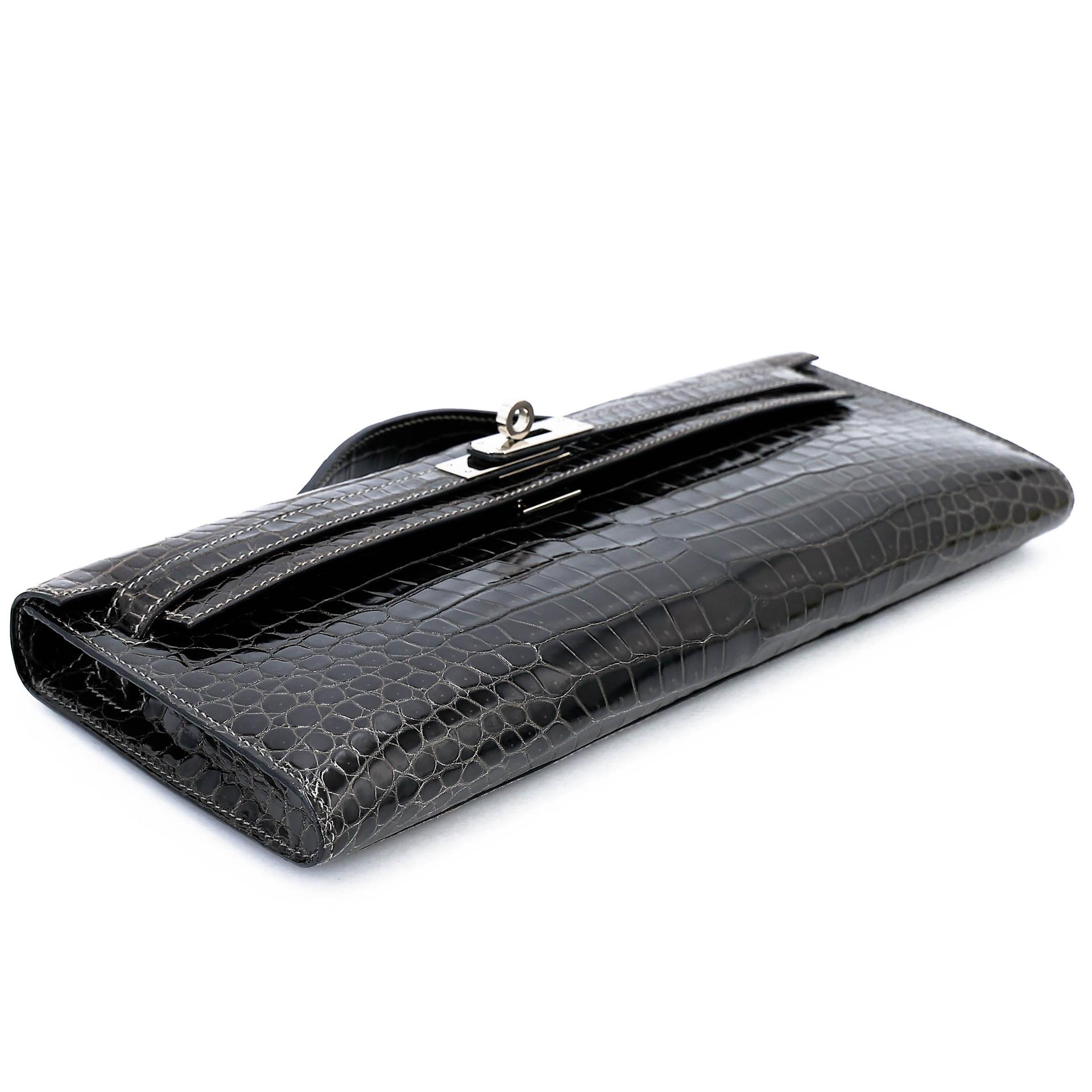 Very Good ( Rank A) HERMÈS Kelly Cut Graphite (88) Shiny Porosus Crocodile Palladium hardware Square R (2014) - 7