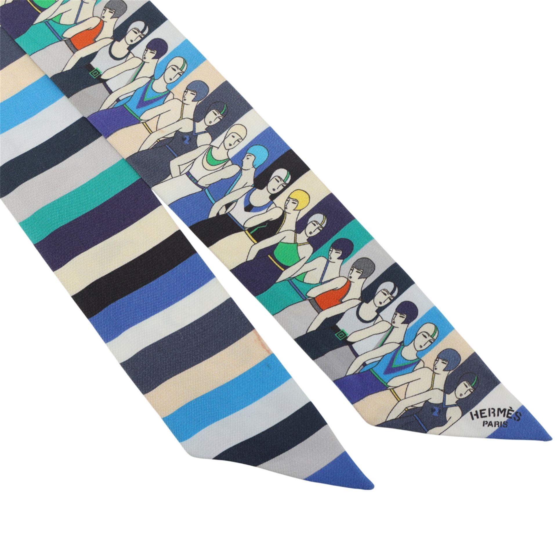 A美品 HERMÈS 爱马仕 Twilly 丝带 Les Baigneuses 多拼色 蓝色 真丝 - 3