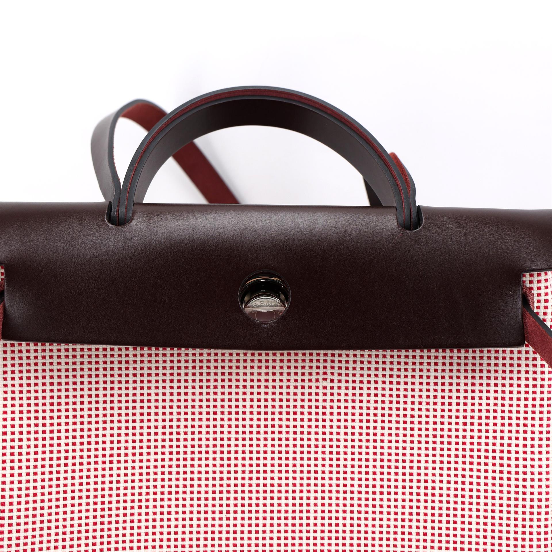 Excellent ( Rank SA ) HERMÈS Herbag PM Rouge Sellier (0G) Ecru Brique (36) Anemone (P9) Vache Hunter Toile GM canvas Palladium hardware U (2022) - 20