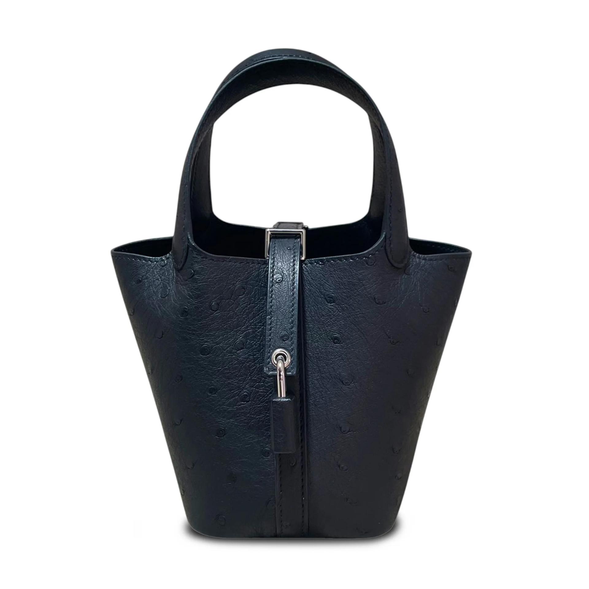 全新 HERMÈS 愛馬仕 Picotin 菜篮子 Micro 14 89 黑色 Noir (Black) 鴕鳥皮 銀扣 K刻 2025年 - 1