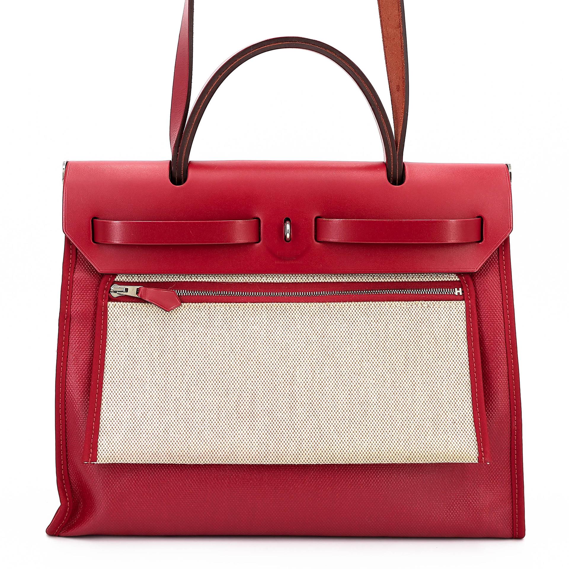 A美品 HERMÈS 愛馬仕 Herbag Zip 31 PM 5X 辣椒紅 Rouge Piment Vache Hunter皮 Toile Berline 帆布 銀扣 D刻 2019年 - 2