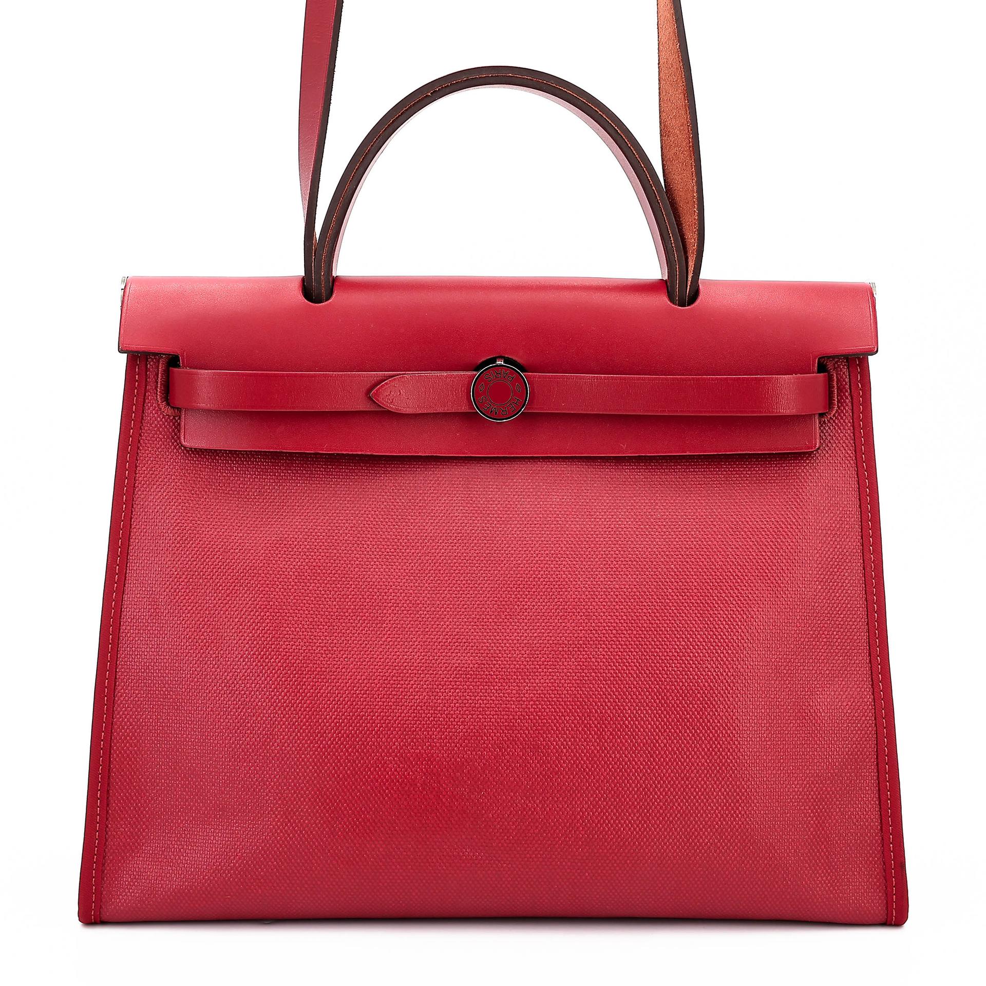 A美品 HERMÈS 愛馬仕 Herbag Zip 31 PM 5X 辣椒紅 Rouge Piment Vache Hunter皮 Toile Berline 帆布 銀扣 D刻 2019年 - 1