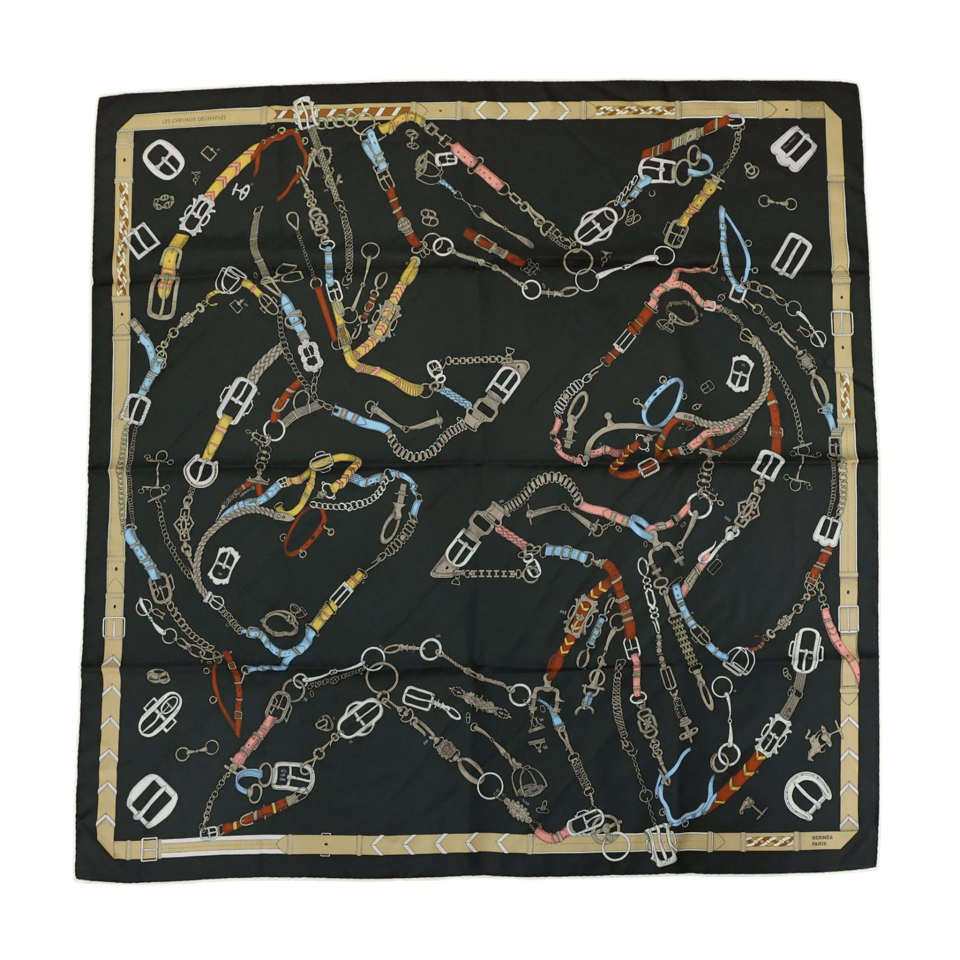 Carre 90 scarf Les Chevaux Dechaines Black Green | GINZA XIAOMA