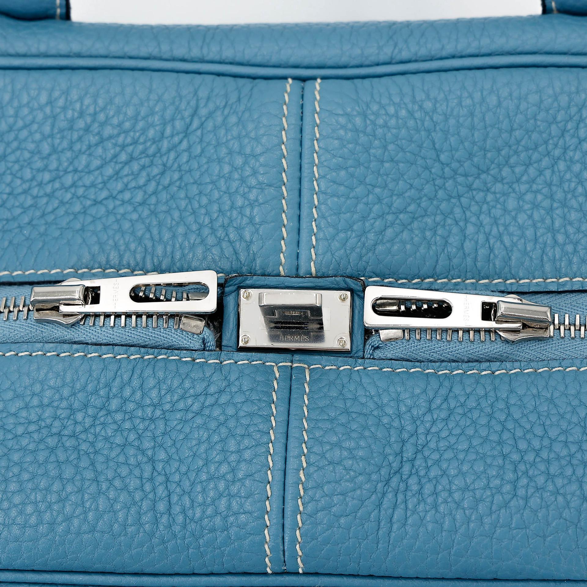 Good ( Rank AB) HERMÈS Victoria 35 Bleu Jean (75) Clemence Palladium hardware Square R (2014) - 15