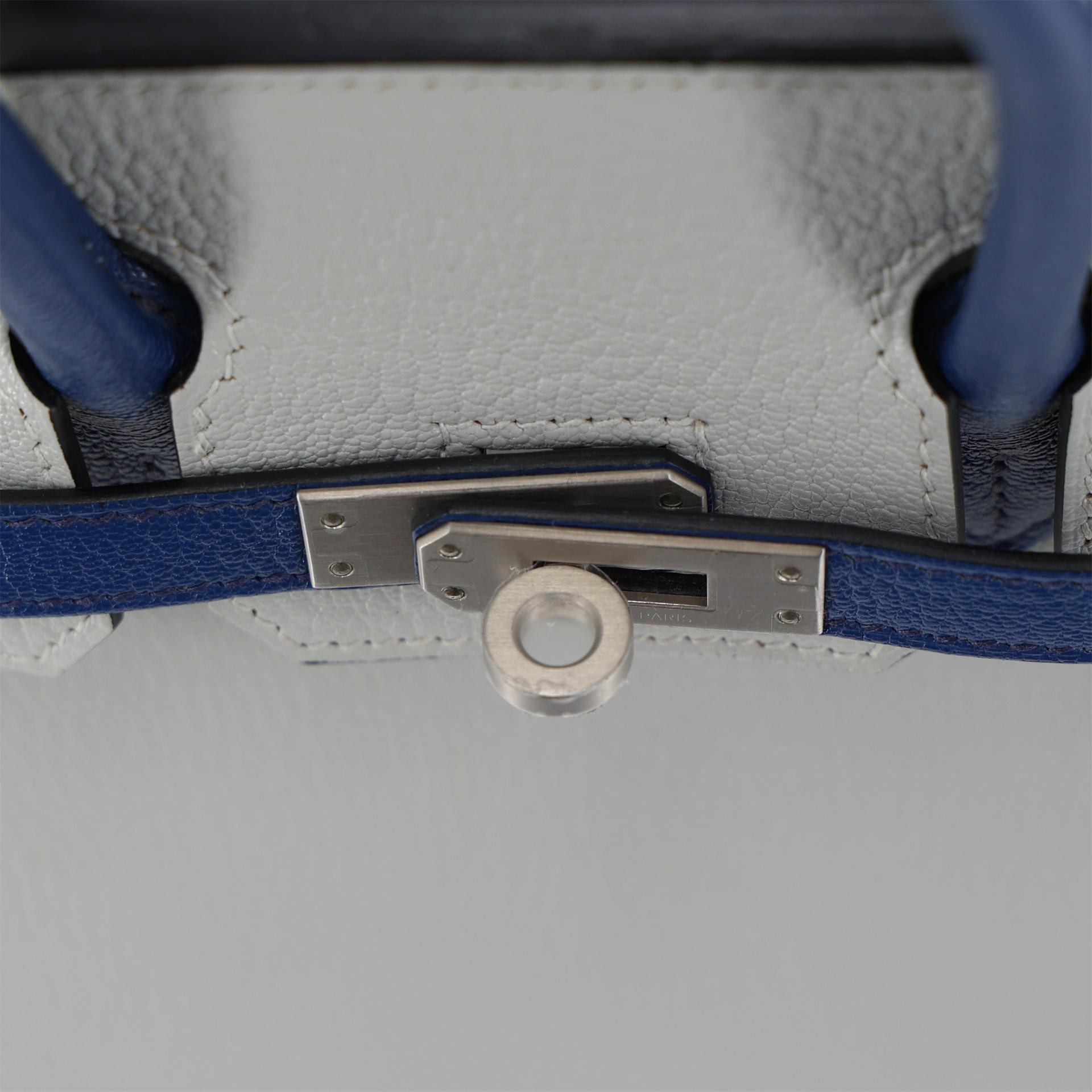 Excellent ( Rank SA ) HERMÈS Special Order Birkin 25 Bleu Saphir (73) Gris Perle (80) Chevre Brushed Palladium Y (2020) - 9