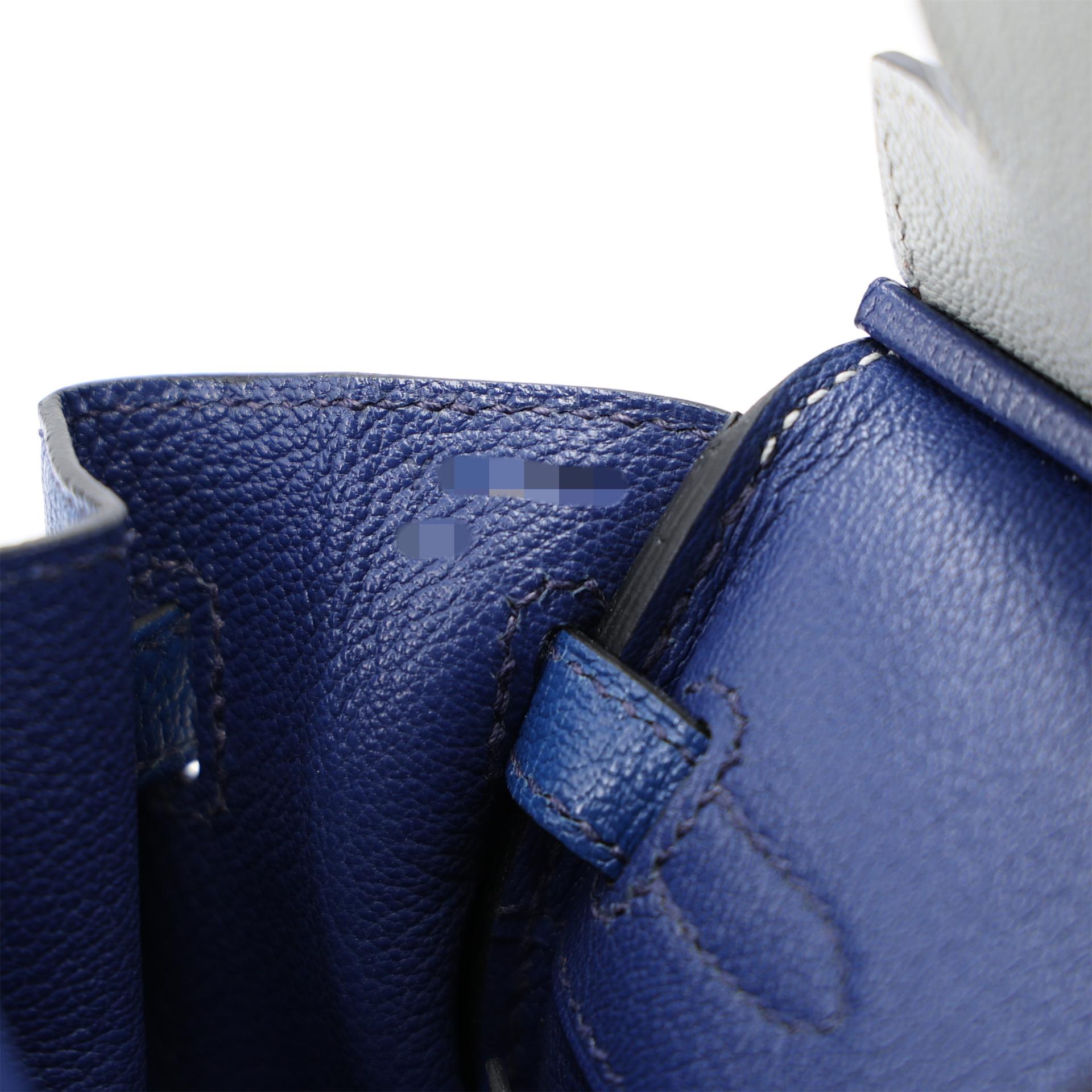Excellent ( Rank SA ) HERMÈS Special Order Birkin 25 Bleu Saphir (73) Gris Perle (80) Chevre Brushed Palladium Y (2020) - 14