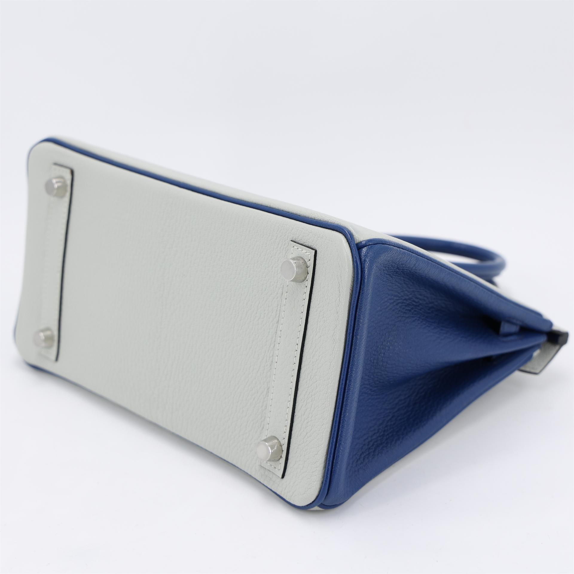 Excellent ( Rank SA ) HERMÈS Special Order Birkin 25 Bleu Saphir (73) Gris Perle (80) Chevre Brushed Palladium Y (2020) - 7