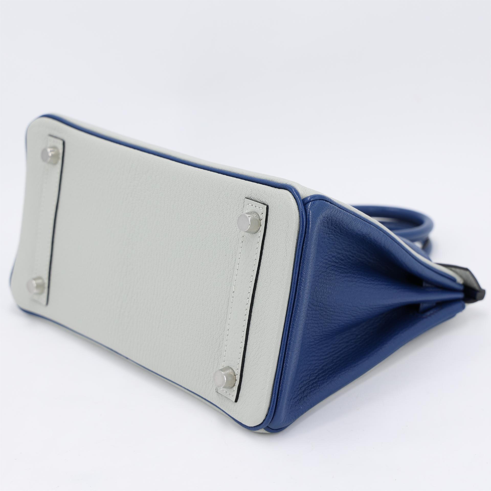 Excellent ( Rank SA ) HERMÈS Special Order Birkin 25 Bleu Saphir (73) Gris Perle (80) Chevre Brushed Palladium Y (2020) - 5