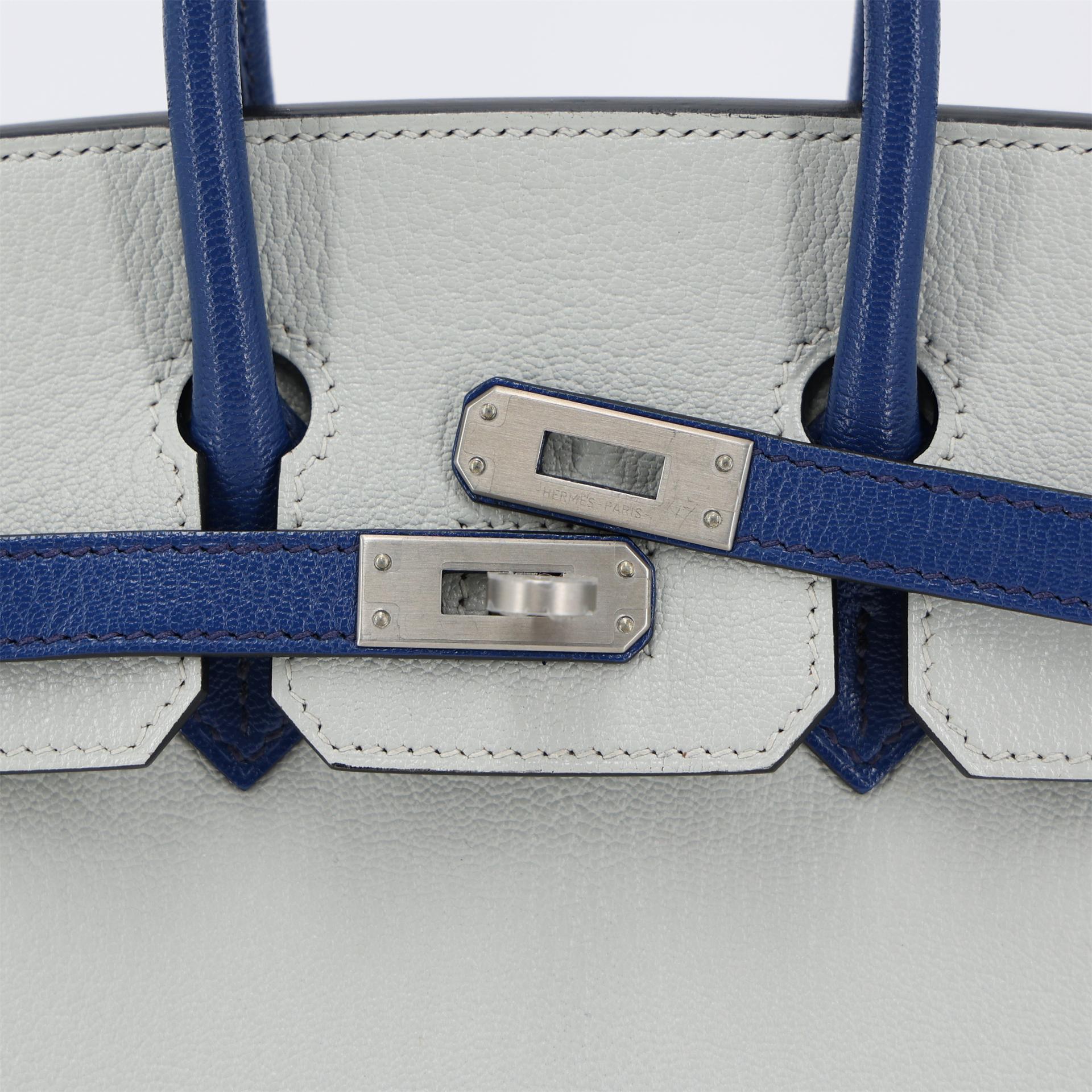 Excellent ( Rank SA ) HERMÈS Special Order Birkin 25 Bleu Saphir (73) Gris Perle (80) Chevre Brushed Palladium Y (2020) - 8