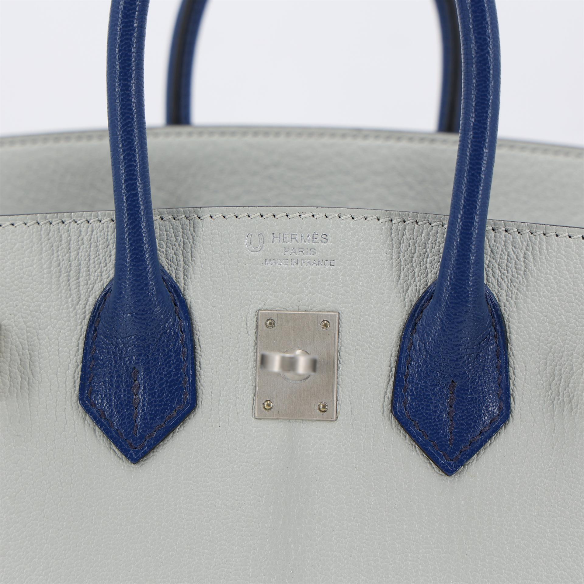 Excellent ( Rank SA ) HERMÈS Special Order Birkin 25 Bleu Saphir (73) Gris Perle (80) Chevre Brushed Palladium Y (2020) - 10