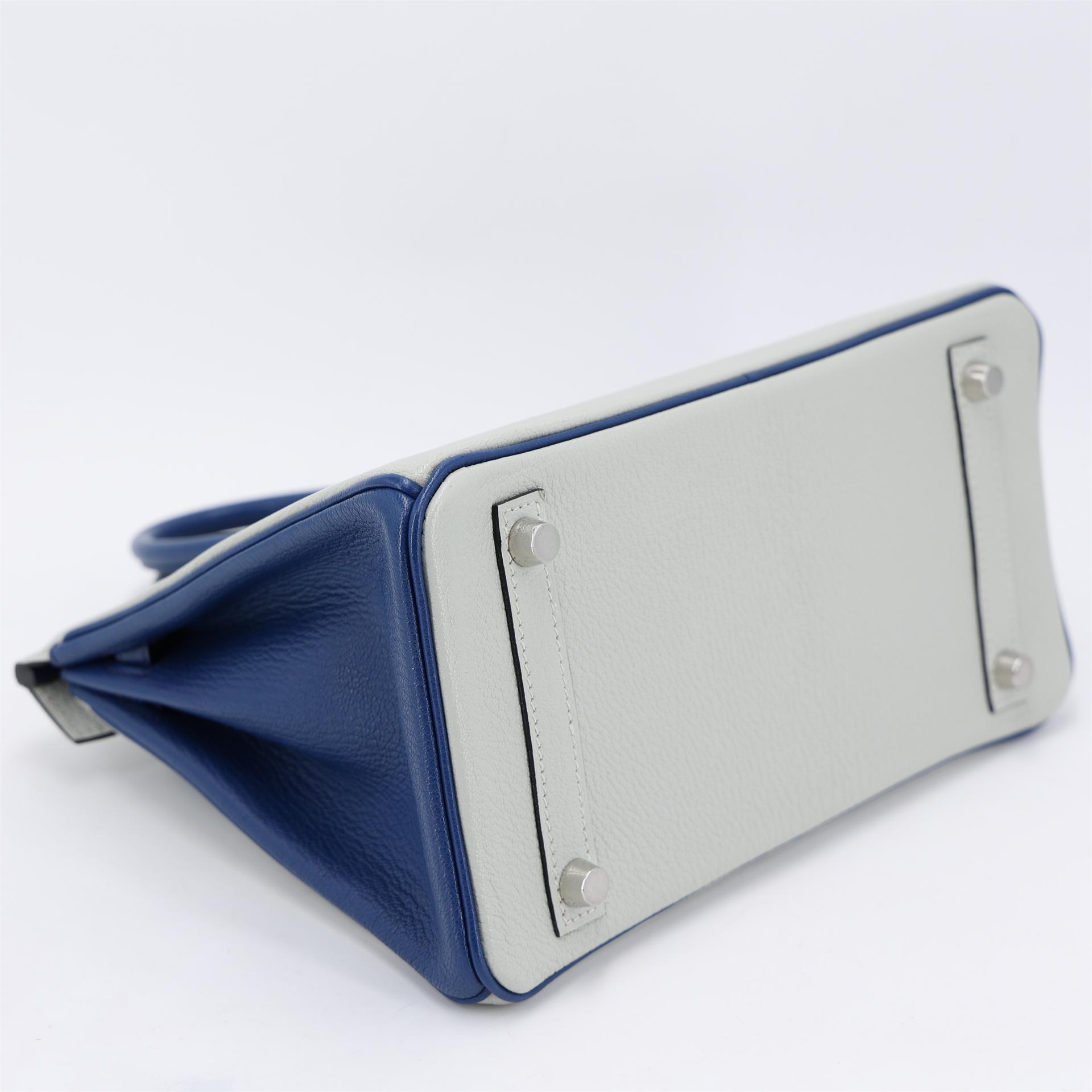 Excellent ( Rank SA ) HERMÈS Special Order Birkin 25 Bleu Saphir (73) Gris Perle (80) Chevre Brushed Palladium Y (2020) - 6