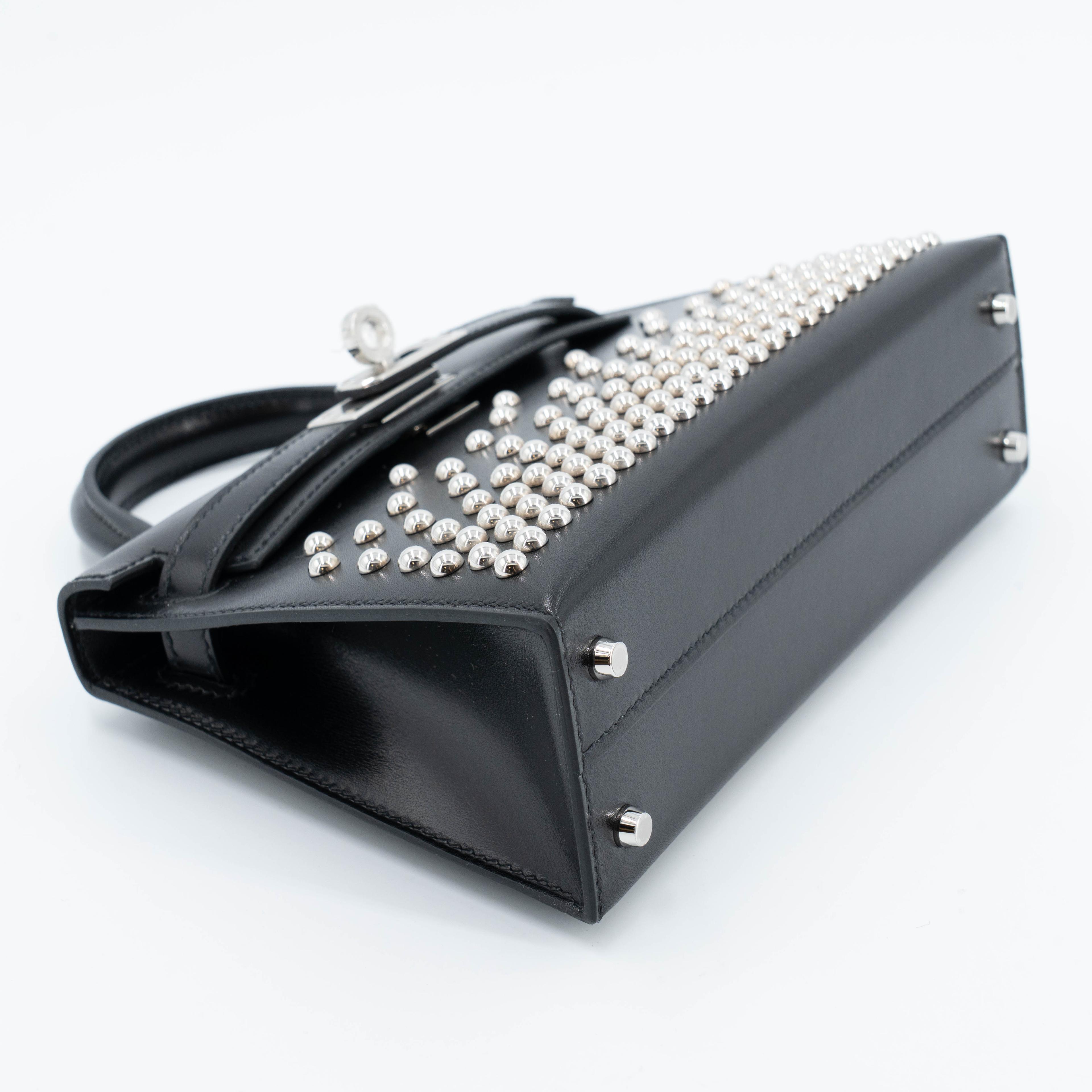 Unused ( Rank NS ) HERMÈS Limited Edition Mini Kelly II Cloute Studded Noir (89) Box-calf Palladium hardware B (2023) - 4