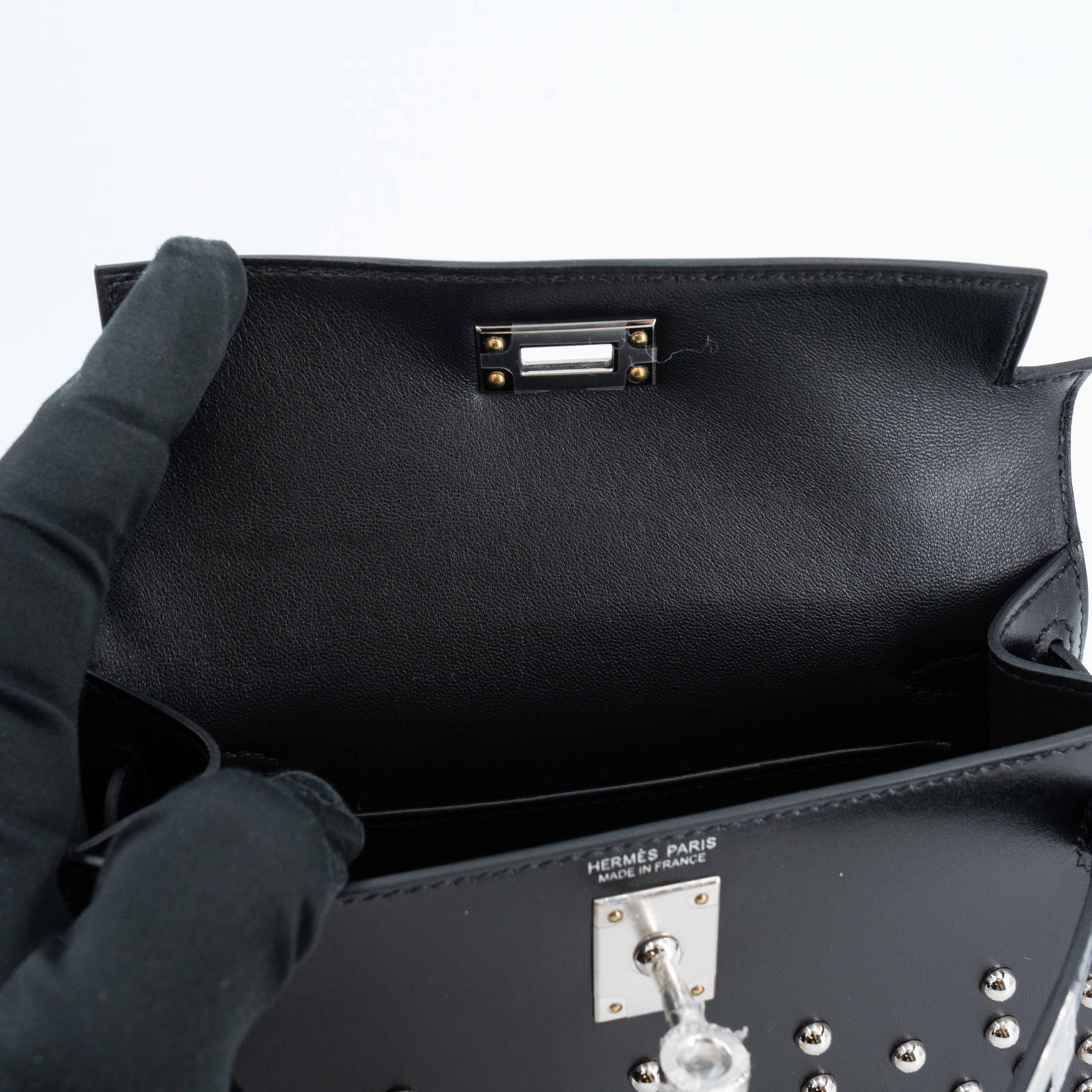 Unused ( Rank NS ) HERMÈS Limited Edition Mini Kelly II Cloute Studded Noir (89) Box-calf Palladium hardware B (2023) - 18