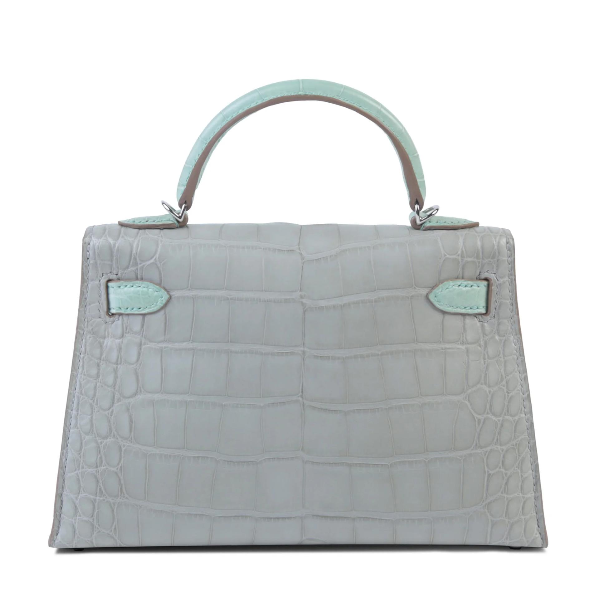 Unused ( Rank NS ) HERMÈS Special Order Mini Kelly II Gris Perle (80) Vert d’Eau (6U) Matte Alligator Palladium hardware U (2022) - 2
