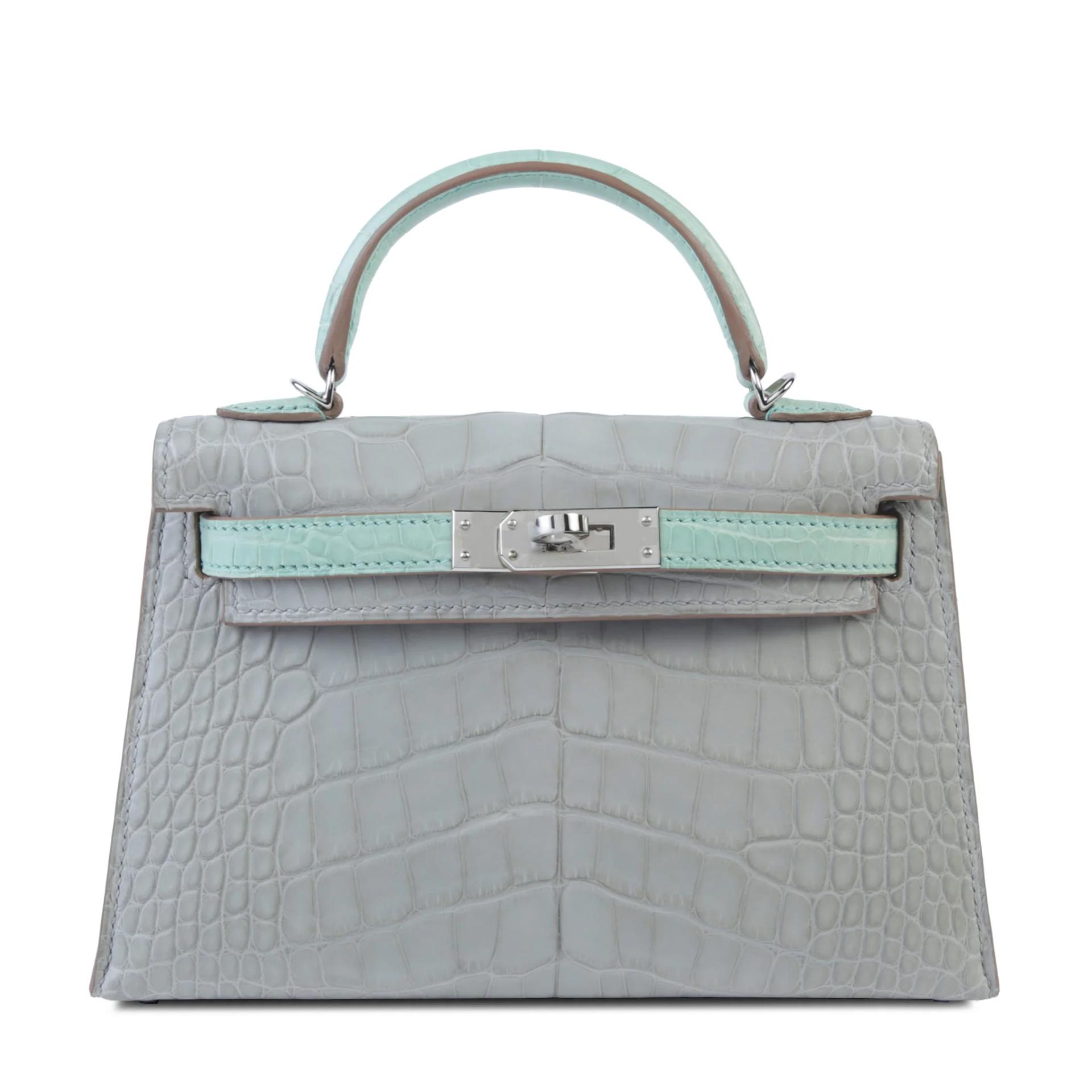 Unused ( Rank NS ) HERMÈS Special Order Mini Kelly II Gris Perle (80) Vert d’Eau (6U) Matte Alligator Palladium hardware U (2022) - 1