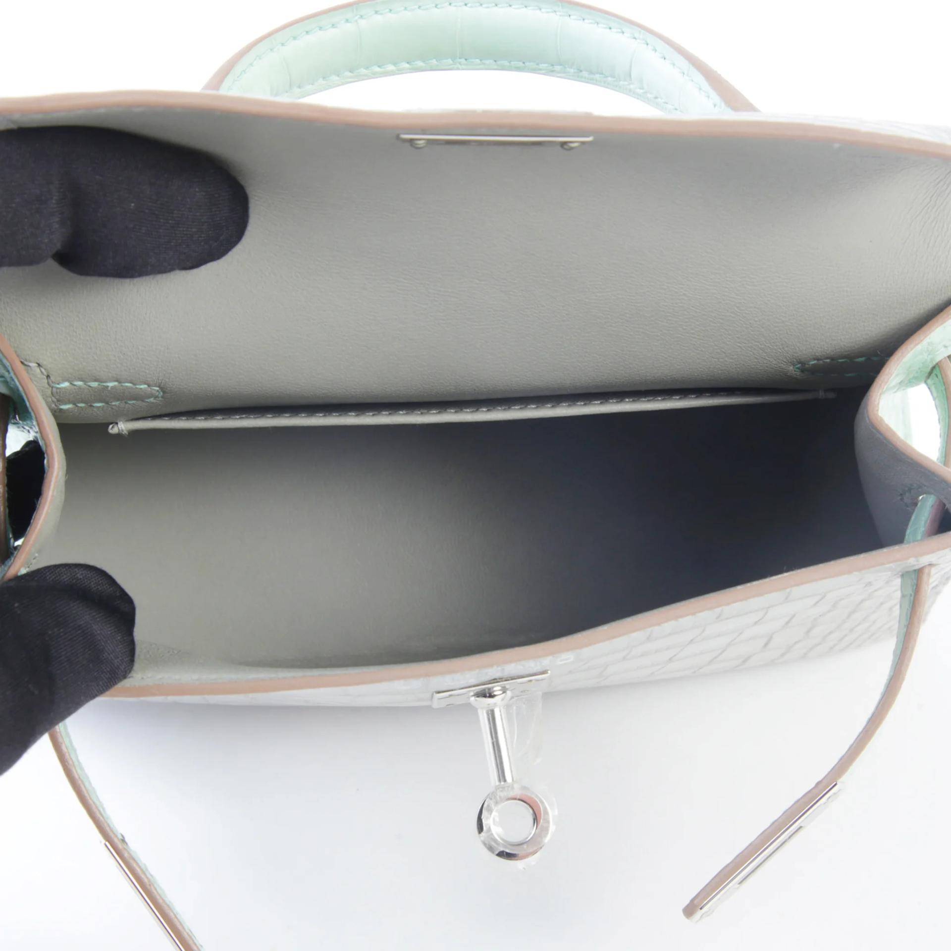 Unused ( Rank NS ) HERMÈS Special Order Mini Kelly II Gris Perle (80) Vert d’Eau (6U) Matte Alligator Palladium hardware U (2022) - 10