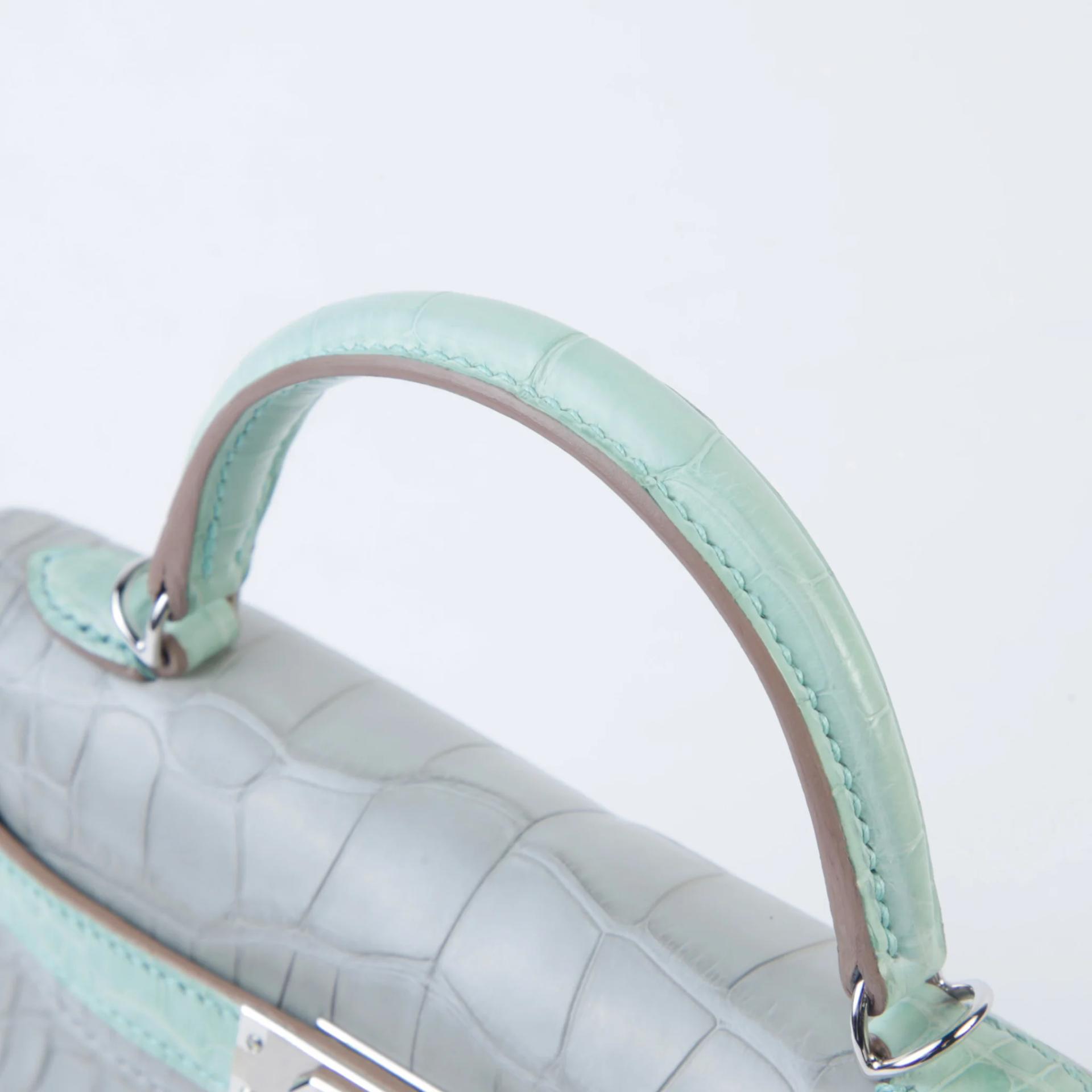 Unused ( Rank NS ) HERMÈS Special Order Mini Kelly II Gris Perle (80) Vert d’Eau (6U) Matte Alligator Palladium hardware U (2022) - 3