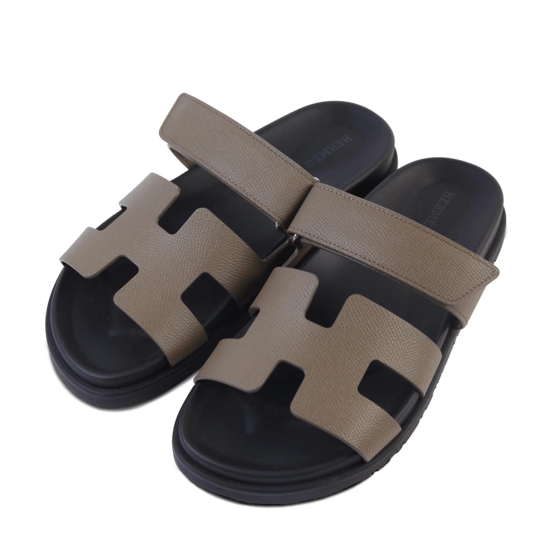 Brand New ( Rank N ) HERMÈS Chypre sandals Etoupe (18) Epsom Palladium hardware - 1