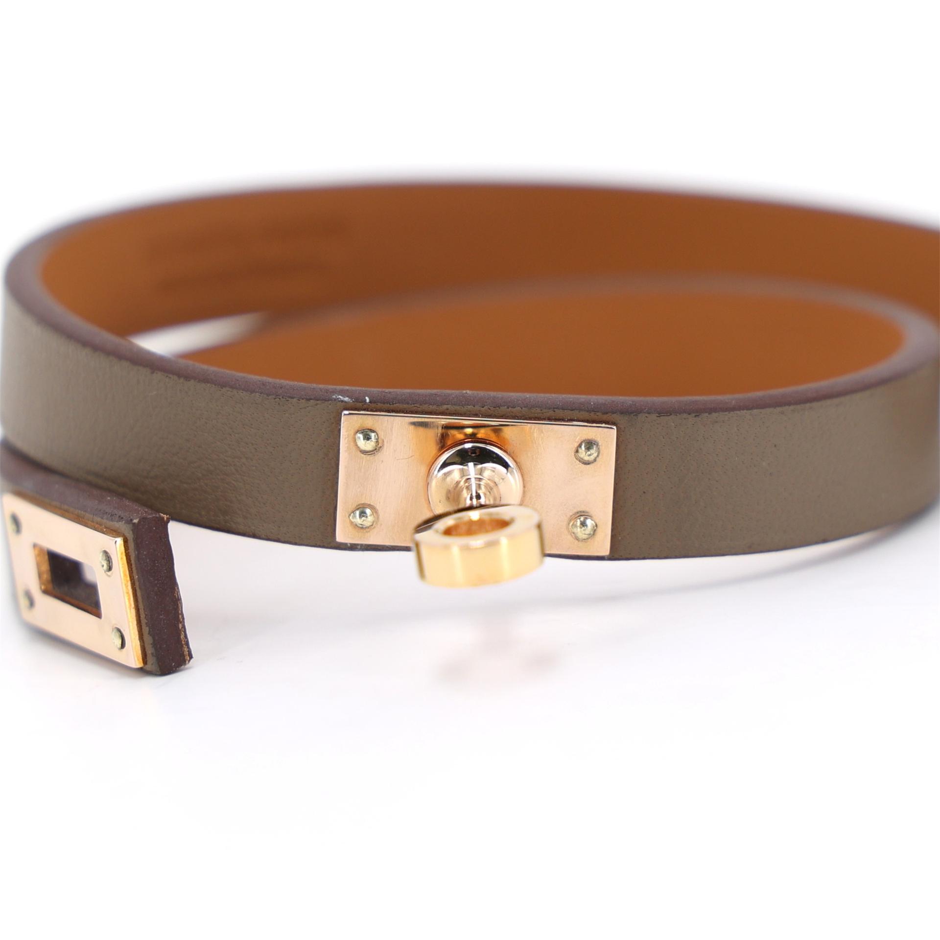 Excellent ( Rank SA ) HERMÈS Mini Kelly Double Tour bracelet Etoupe (18) Swift Rose Gold hardware Z (2021) - 8