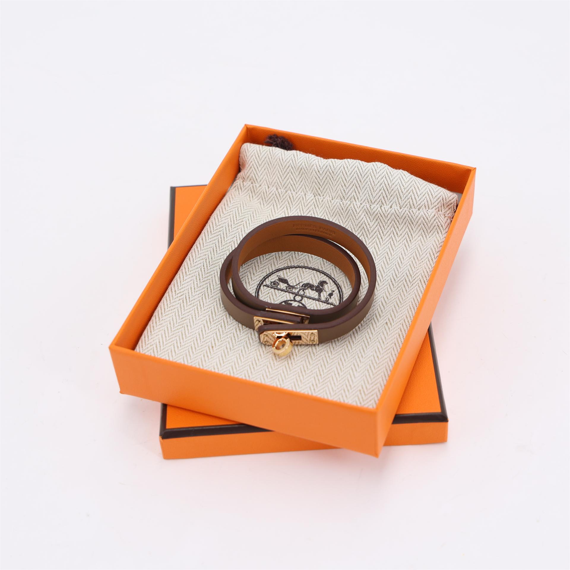 Excellent ( Rank SA ) HERMÈS Mini Kelly Double Tour bracelet Etoupe (18) Swift Rose Gold hardware Z (2021) - 3
