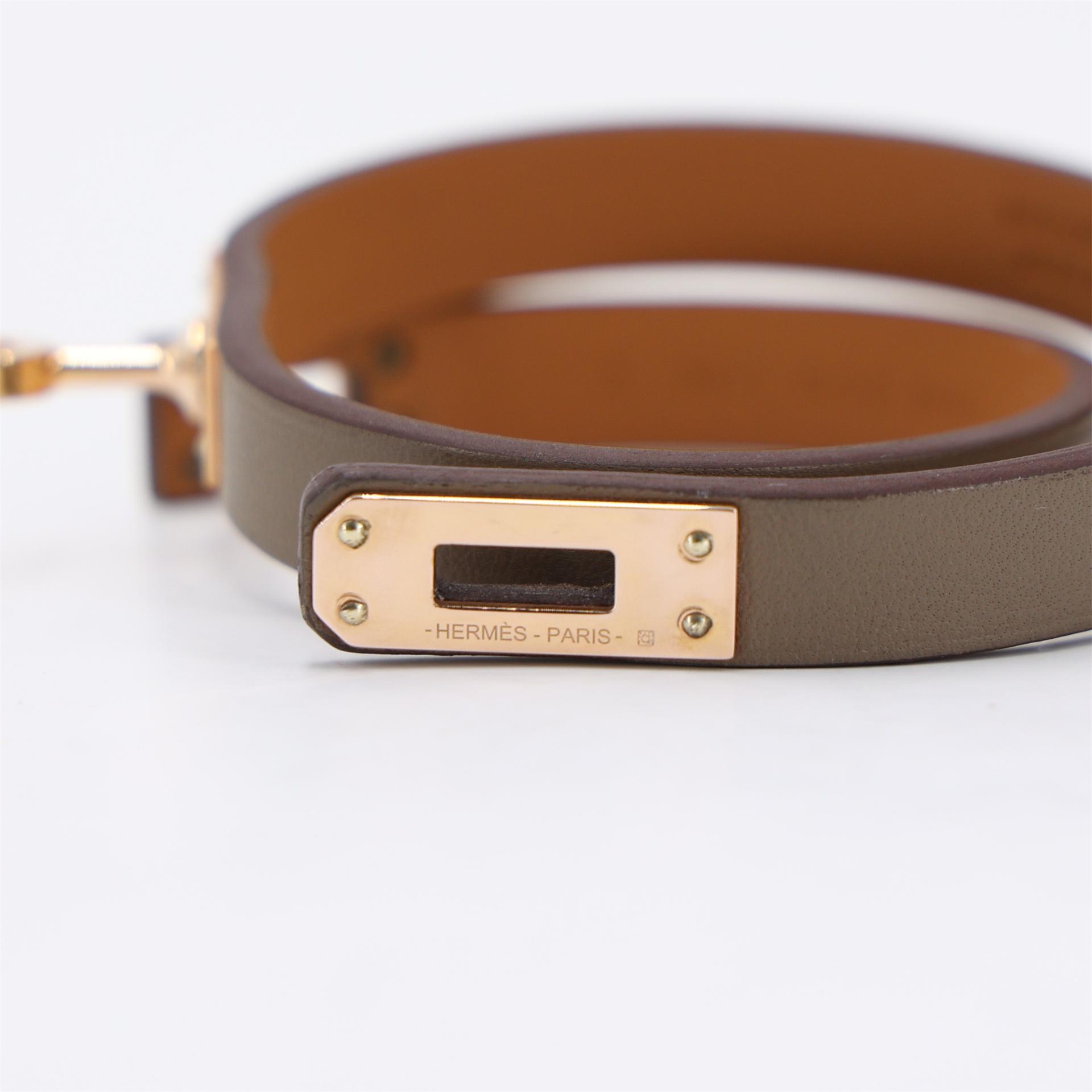 Excellent ( Rank SA ) HERMÈS Mini Kelly Double Tour bracelet Etoupe (18) Swift Rose Gold hardware Z (2021) - 6