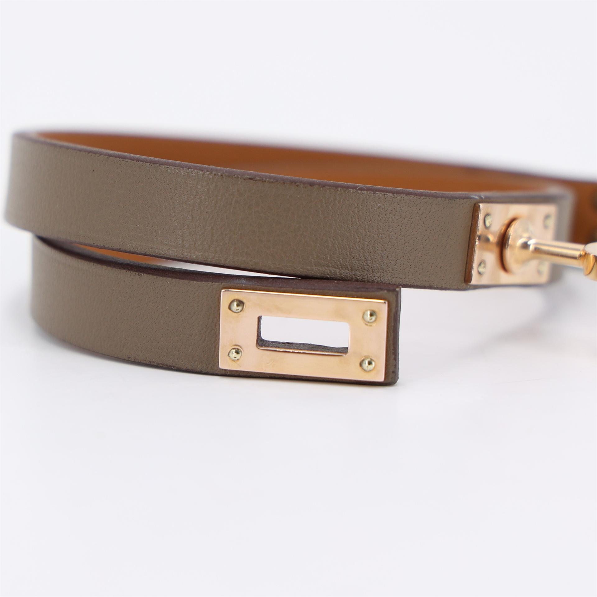 Excellent ( Rank SA ) HERMÈS Mini Kelly Double Tour bracelet Etoupe (18) Swift Rose Gold hardware Z (2021) - 7