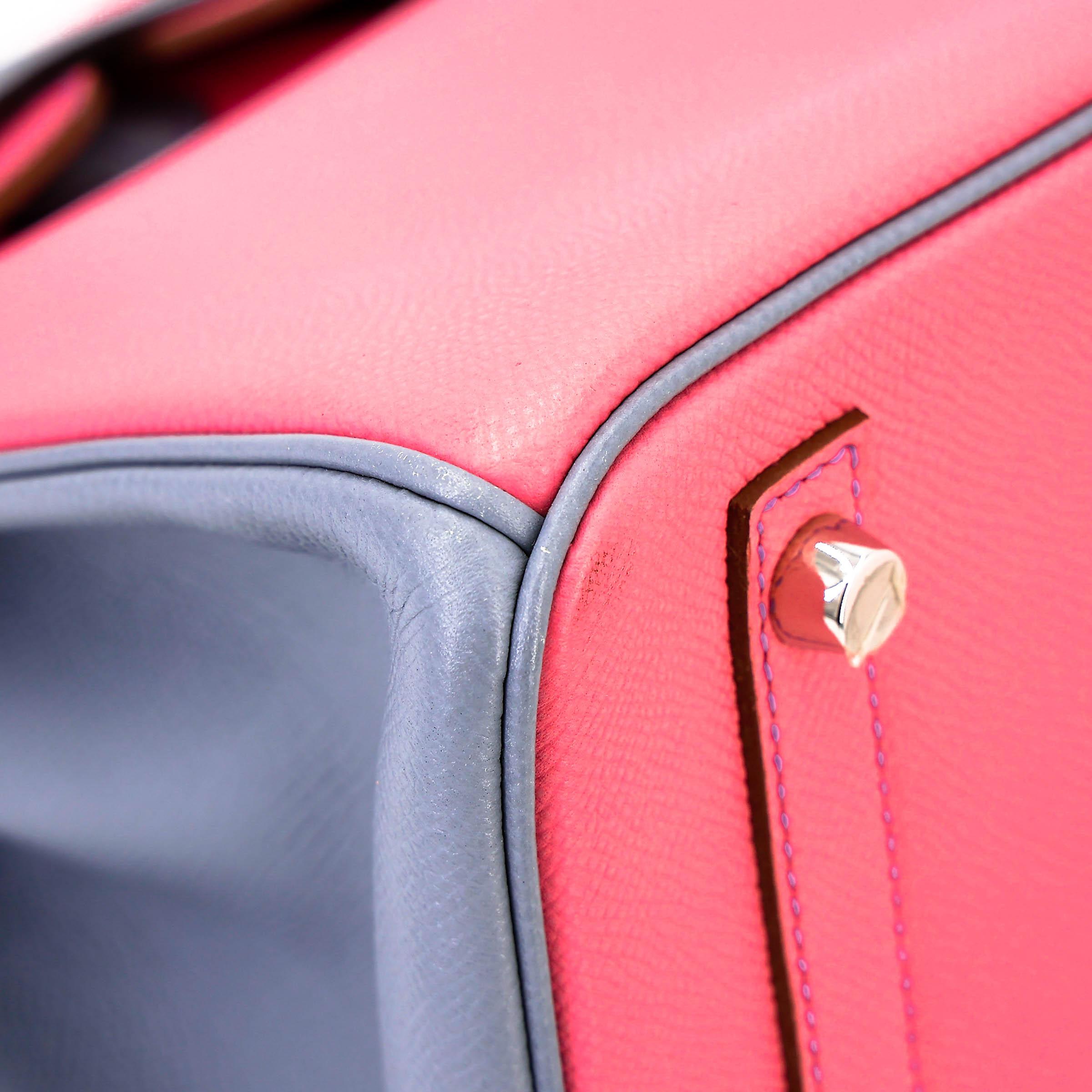 Very Good ( Rank A) HERMÈS Special Order Birkin 30 HSS Rose Confetti (1Q) Bleu Lin (J7) Epsom Brushed Palladium Square R (2014) - 9