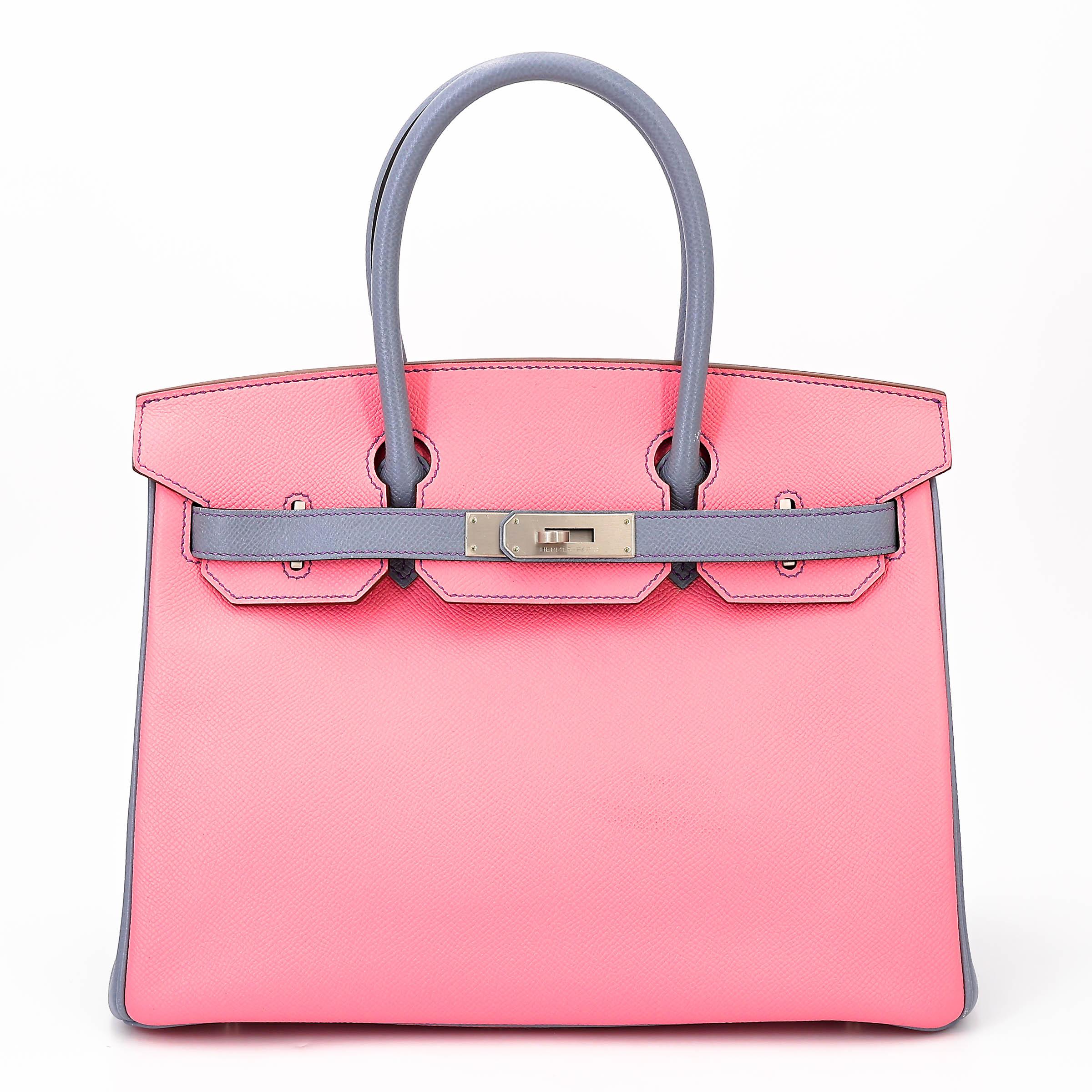 Very Good ( Rank A) HERMÈS Special Order Birkin 30 HSS Rose Confetti (1Q) Bleu Lin (J7) Epsom Brushed Palladium Square R (2014) - 1