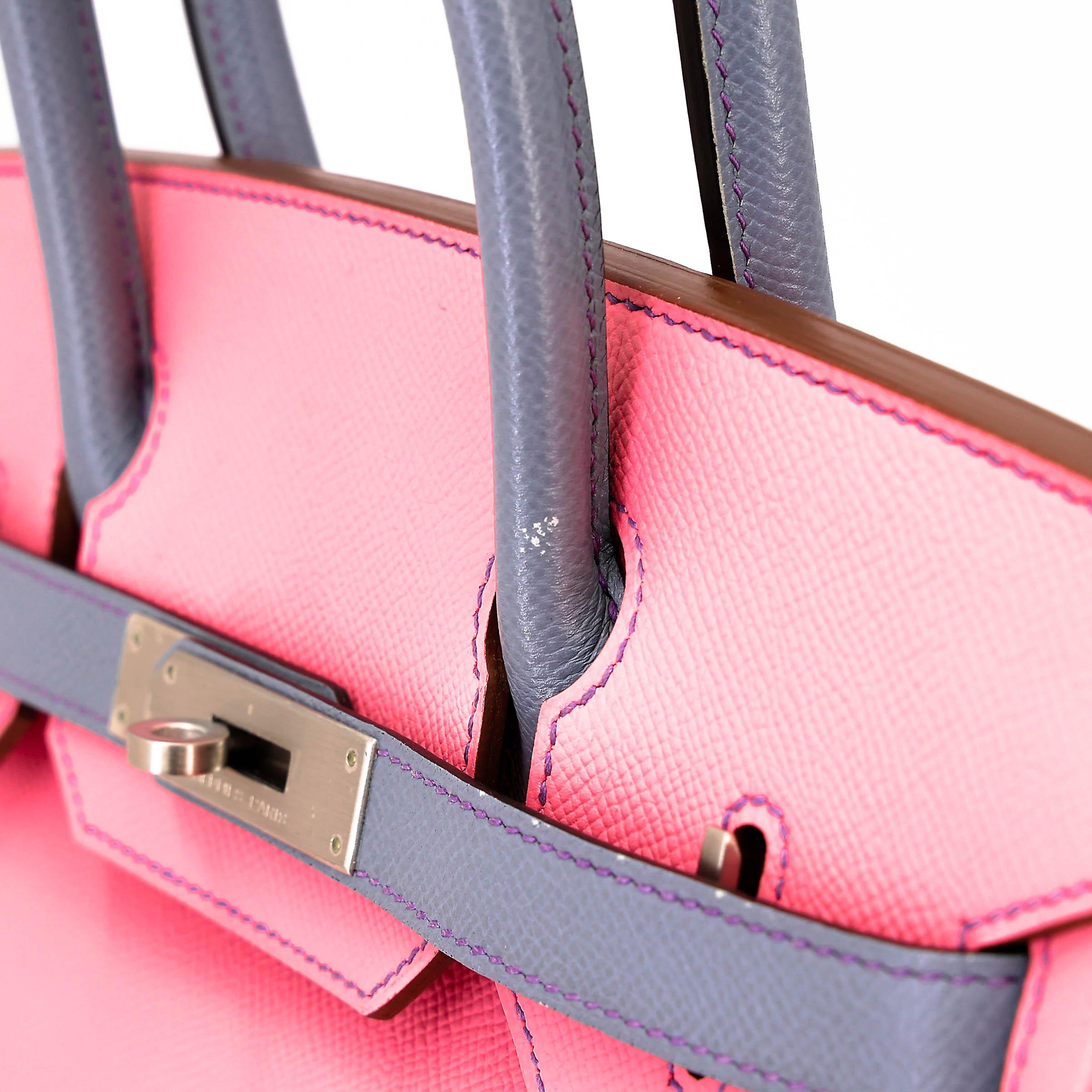 Very Good ( Rank A) HERMÈS Special Order Birkin 30 HSS Rose Confetti (1Q) Bleu Lin (J7) Epsom Brushed Palladium Square R (2014) - 17