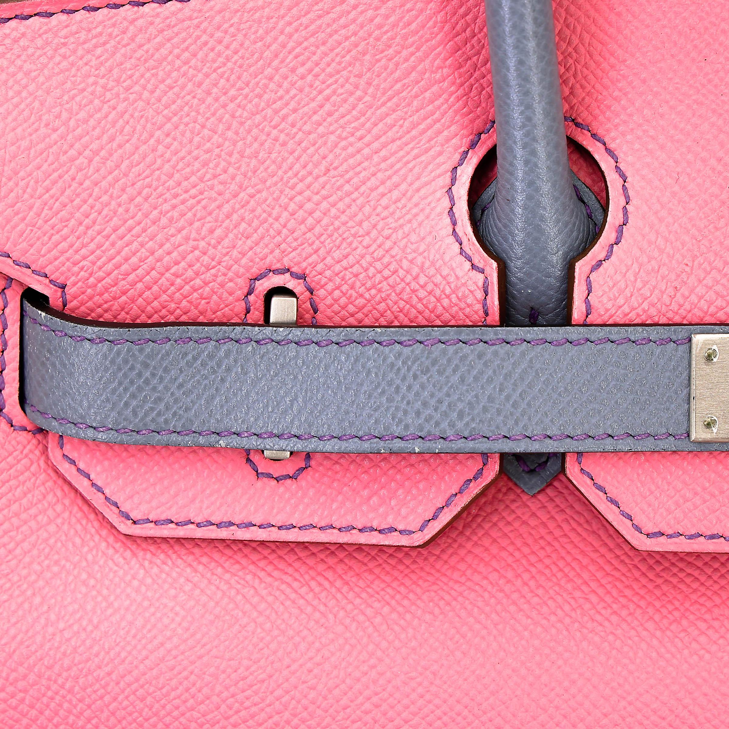 Very Good ( Rank A) HERMÈS Special Order Birkin 30 HSS Rose Confetti (1Q) Bleu Lin (J7) Epsom Brushed Palladium Square R (2014) - 23