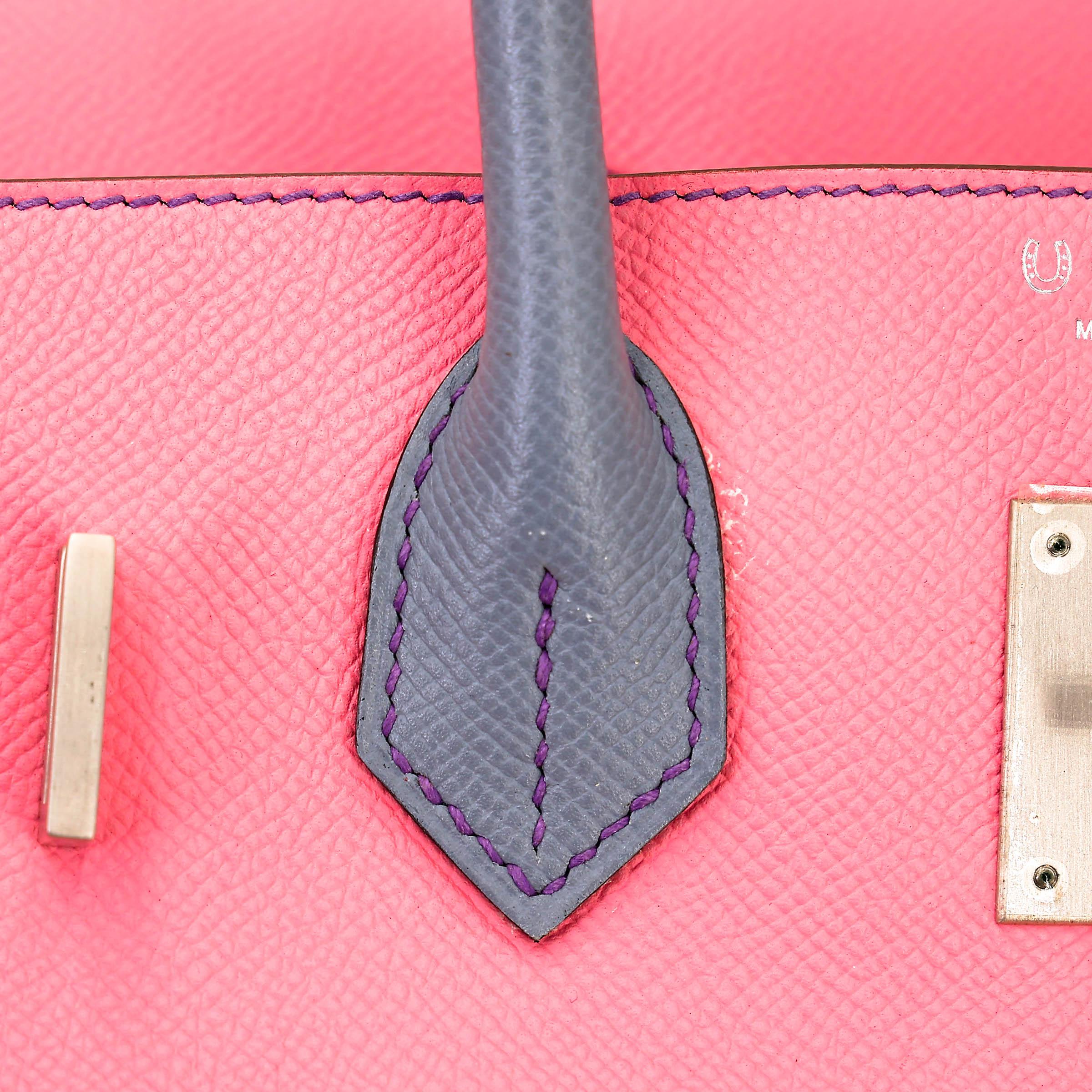 Very Good ( Rank A) HERMÈS Special Order Birkin 30 HSS Rose Confetti (1Q) Bleu Lin (J7) Epsom Brushed Palladium Square R (2014) - 18