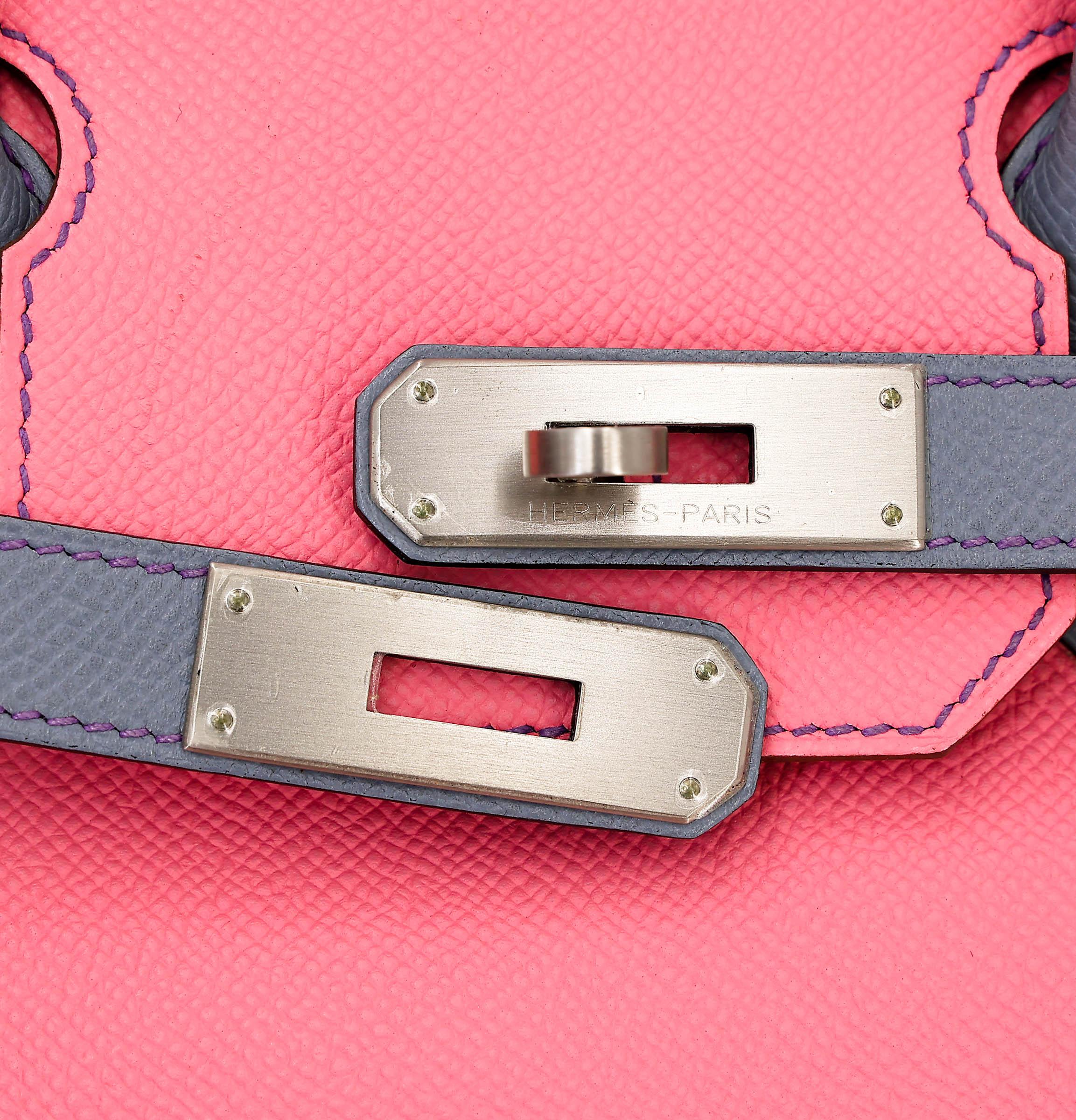 Very Good ( Rank A) HERMÈS Special Order Birkin 30 HSS Rose Confetti (1Q) Bleu Lin (J7) Epsom Brushed Palladium Square R (2014) - 15