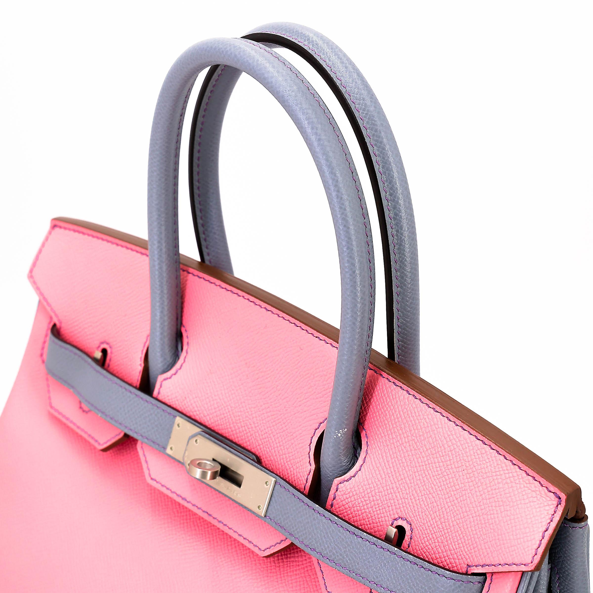 Very Good ( Rank A) HERMÈS Special Order Birkin 30 HSS Rose Confetti (1Q) Bleu Lin (J7) Epsom Brushed Palladium Square R (2014) - 3