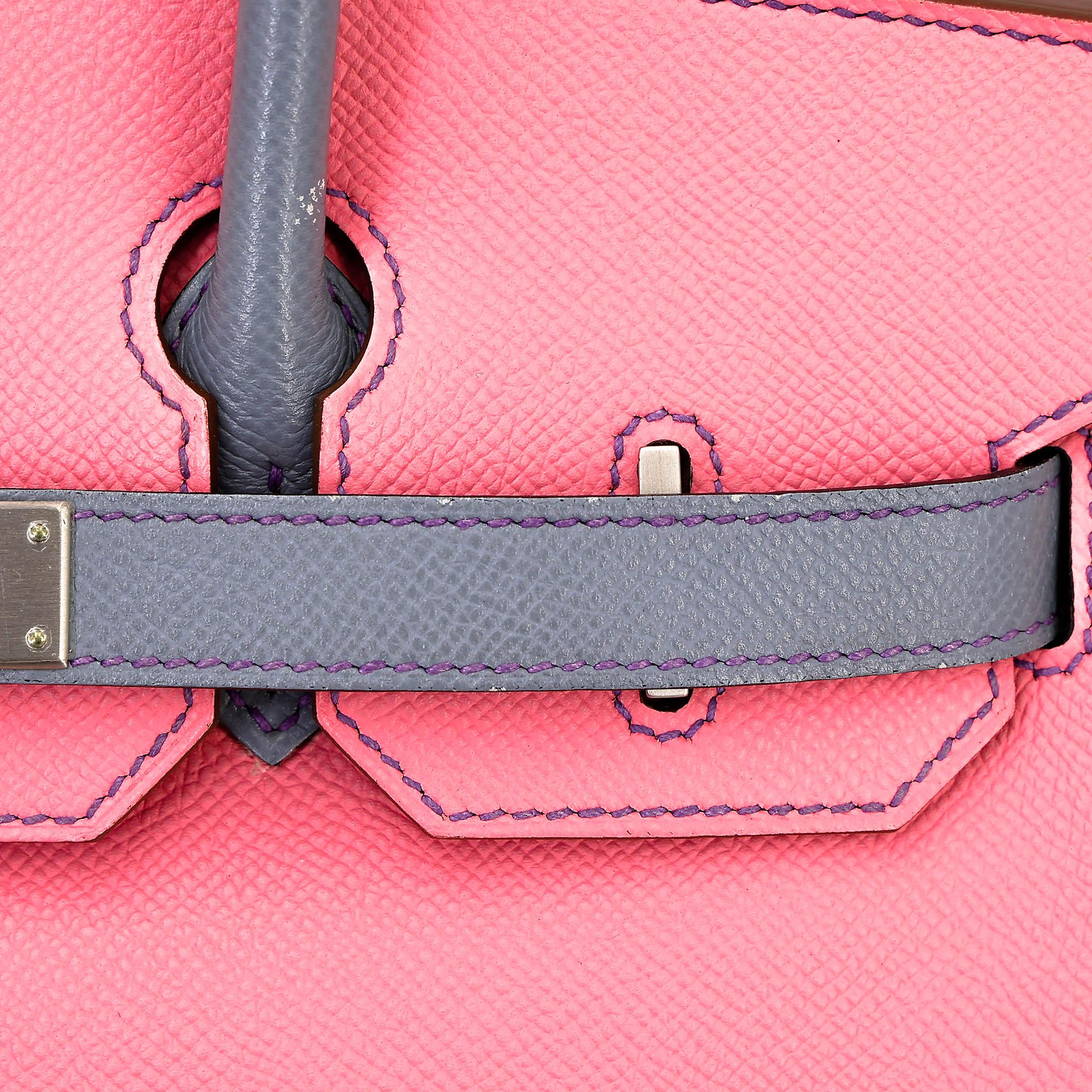 Very Good ( Rank A) HERMÈS Special Order Birkin 30 HSS Rose Confetti (1Q) Bleu Lin (J7) Epsom Brushed Palladium Square R (2014) - 22