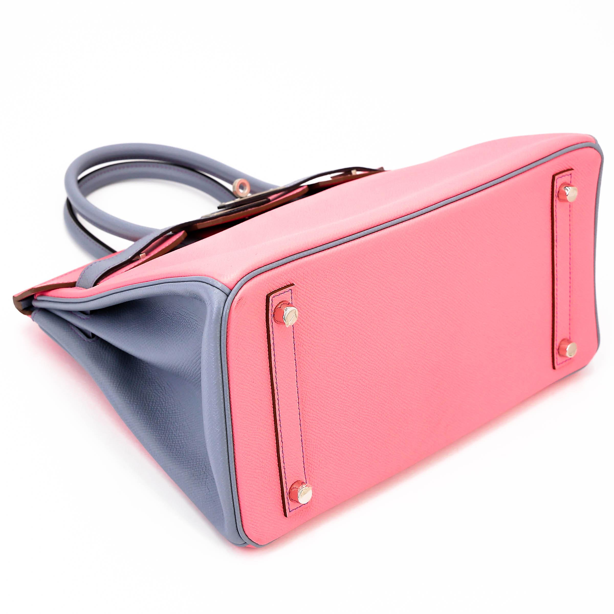 Very Good ( Rank A) HERMÈS Special Order Birkin 30 HSS Rose Confetti (1Q) Bleu Lin (J7) Epsom Brushed Palladium Square R (2014) - 5