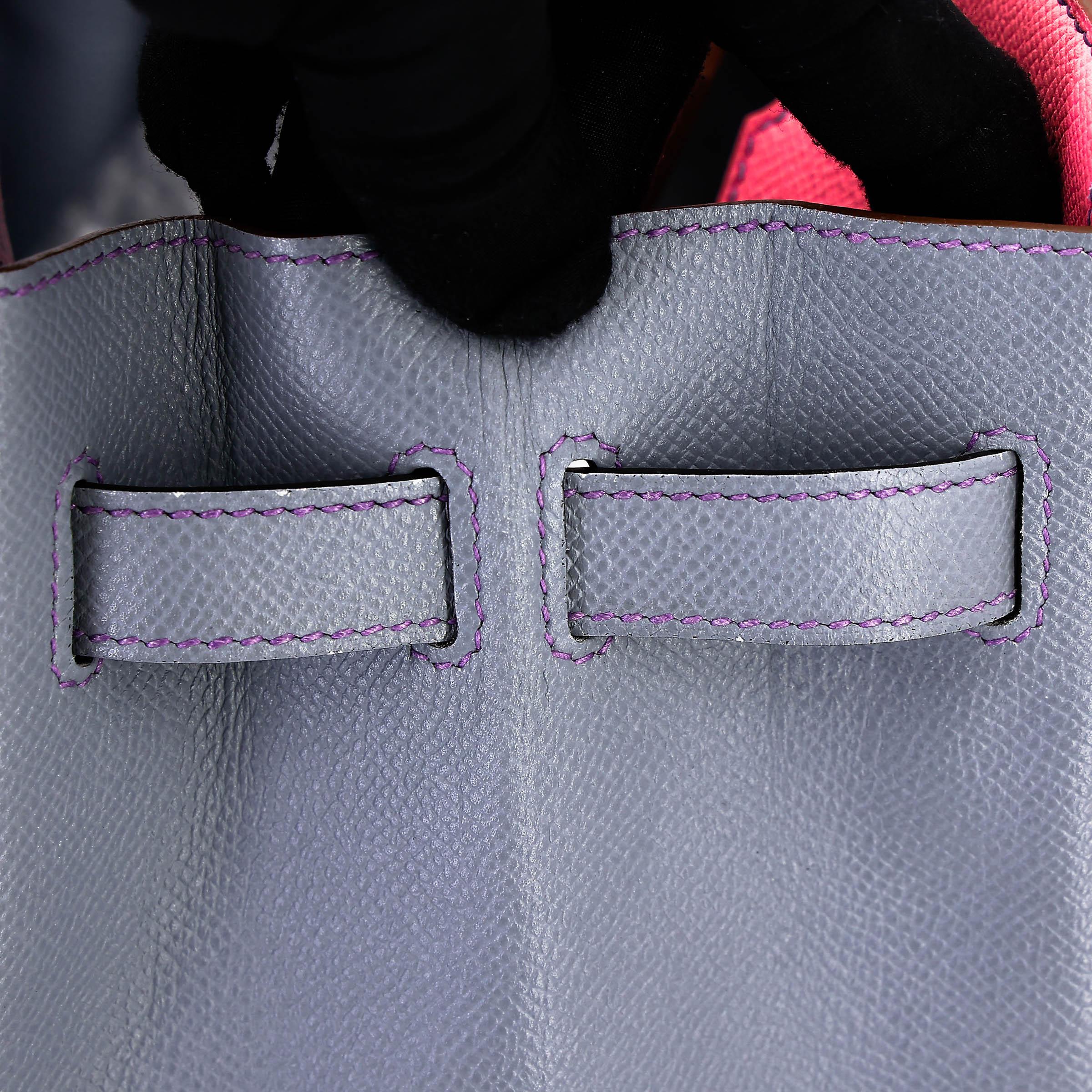 Very Good ( Rank A) HERMÈS Special Order Birkin 30 HSS Rose Confetti (1Q) Bleu Lin (J7) Epsom Brushed Palladium Square R (2014) - 27