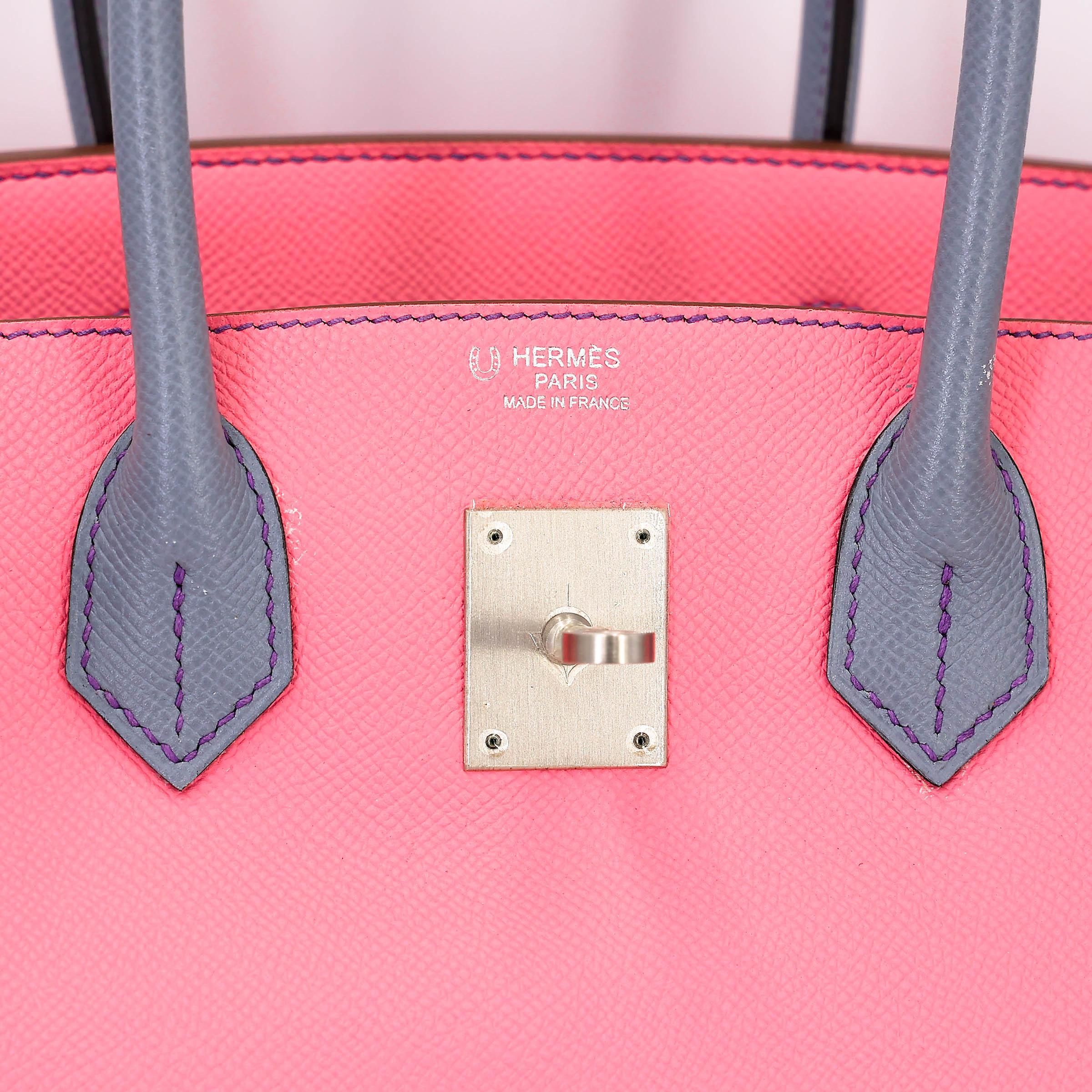 Very Good ( Rank A) HERMÈS Special Order Birkin 30 HSS Rose Confetti (1Q) Bleu Lin (J7) Epsom Brushed Palladium Square R (2014) - 29